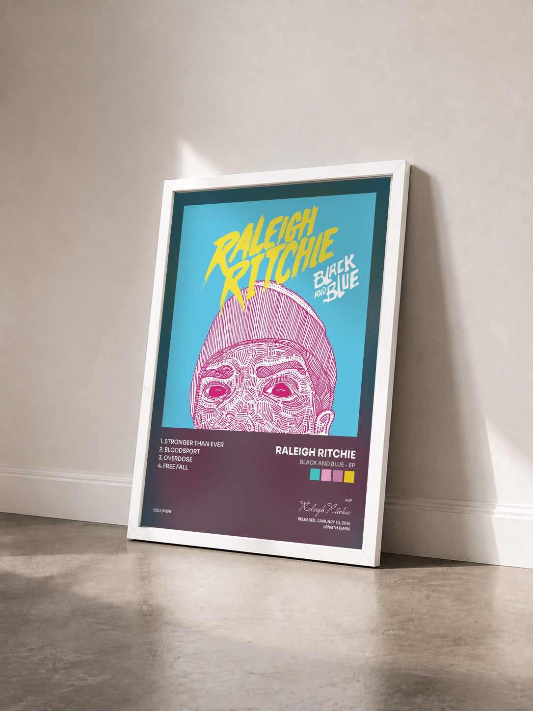 #blanc Tableau de l'album Black and Blue - EP de Raleigh Ritchie vu de trois quarts, cadre blanc