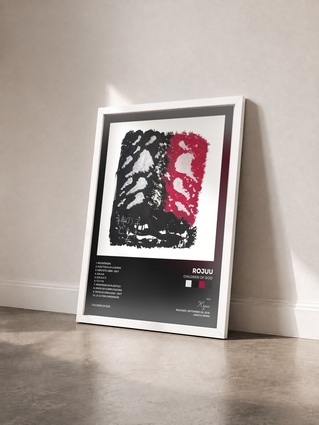 #blanc Tableau de l'album Children Of God de Rojuu vu de trois quarts, cadre blanc