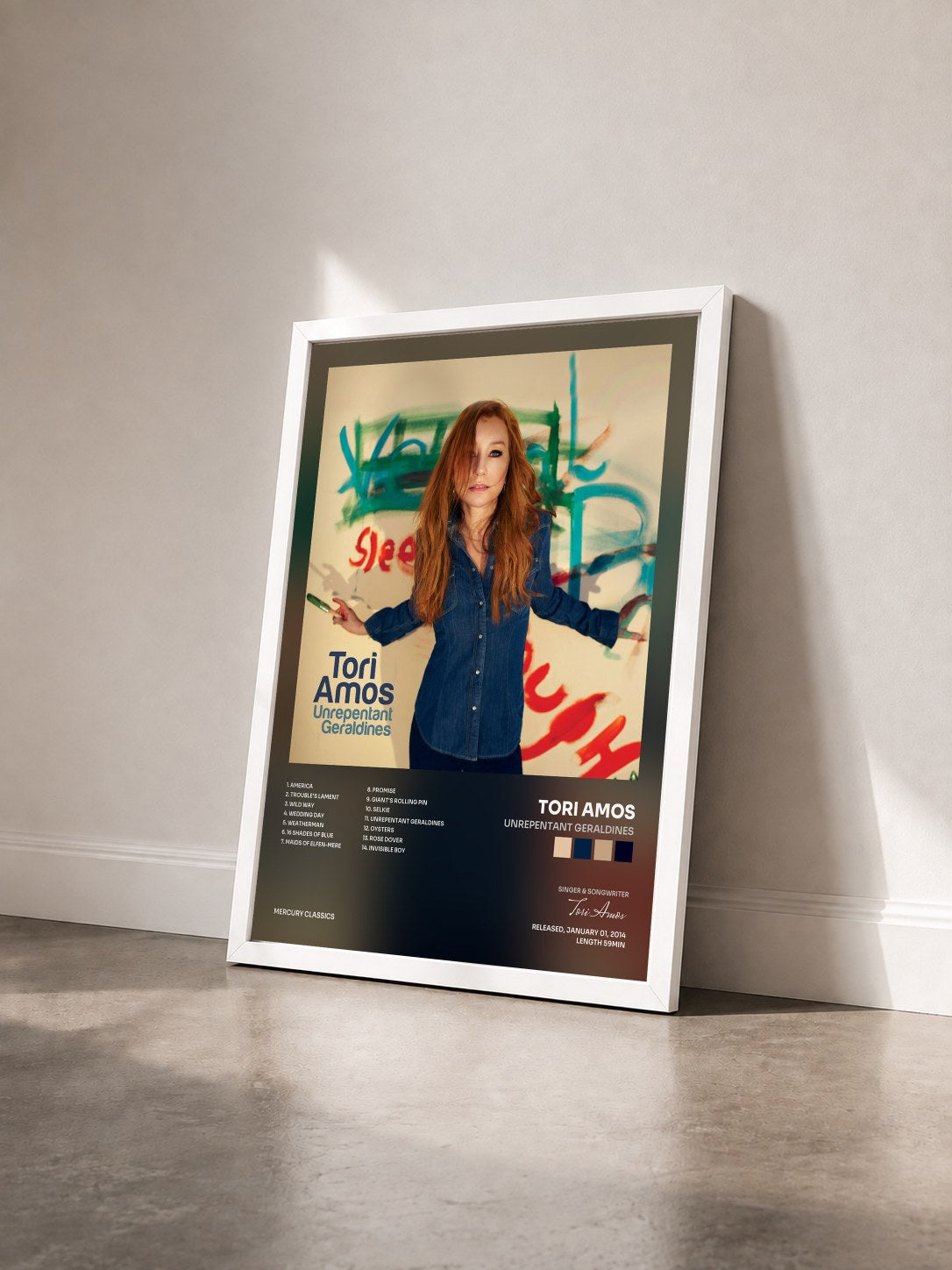 #blanc Tableau de l'album Unrepentant Geraldines de Tori Amos vu de trois quarts, cadre blanc