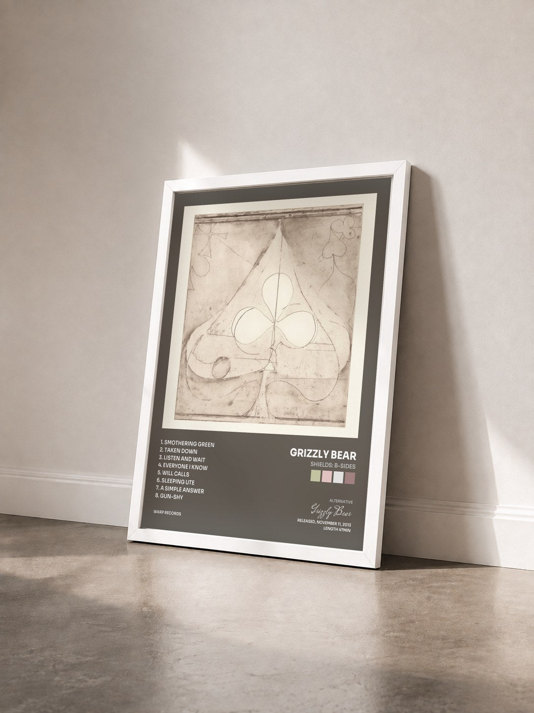 #blanc Tableau de l'album Shields: B-Sides de Grizzly Bear vu de trois quarts, cadre blanc