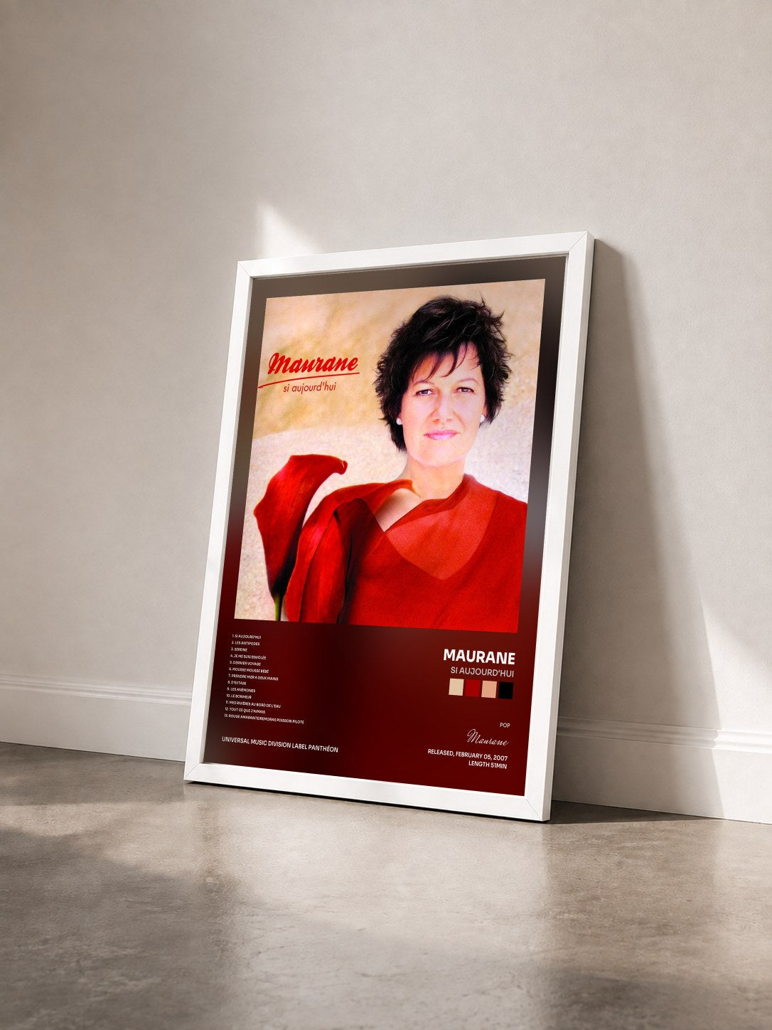 #blanc Tableau de l'album Si Aujourd'hui de Maurane vu de trois quarts, cadre blanc