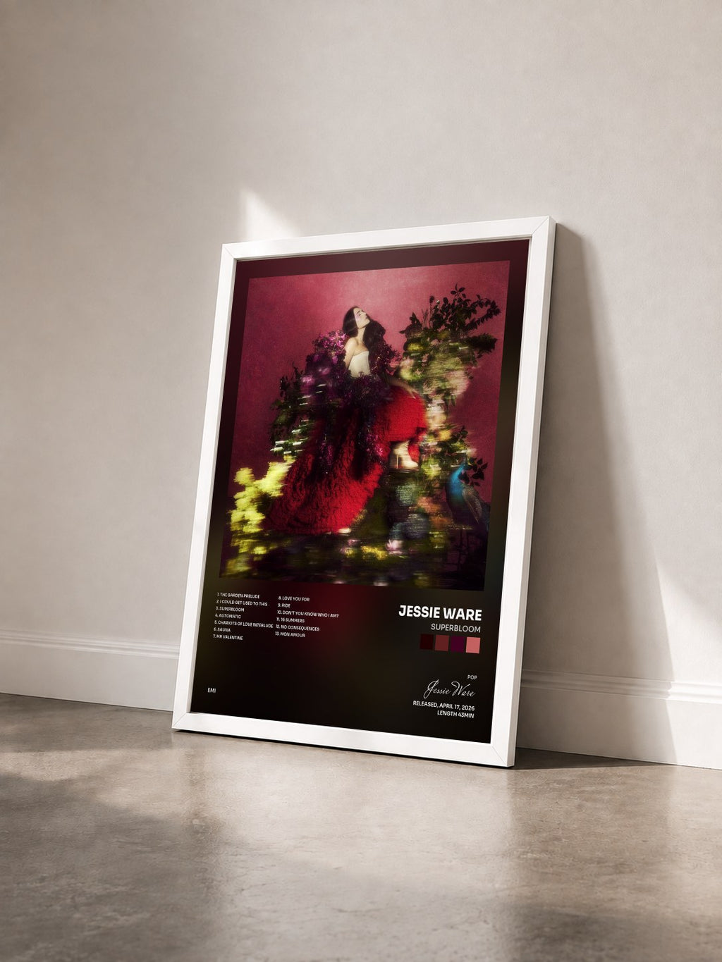 #blanc Superbloom by Jessie Ware as a framed art print seen at an angle, white frame