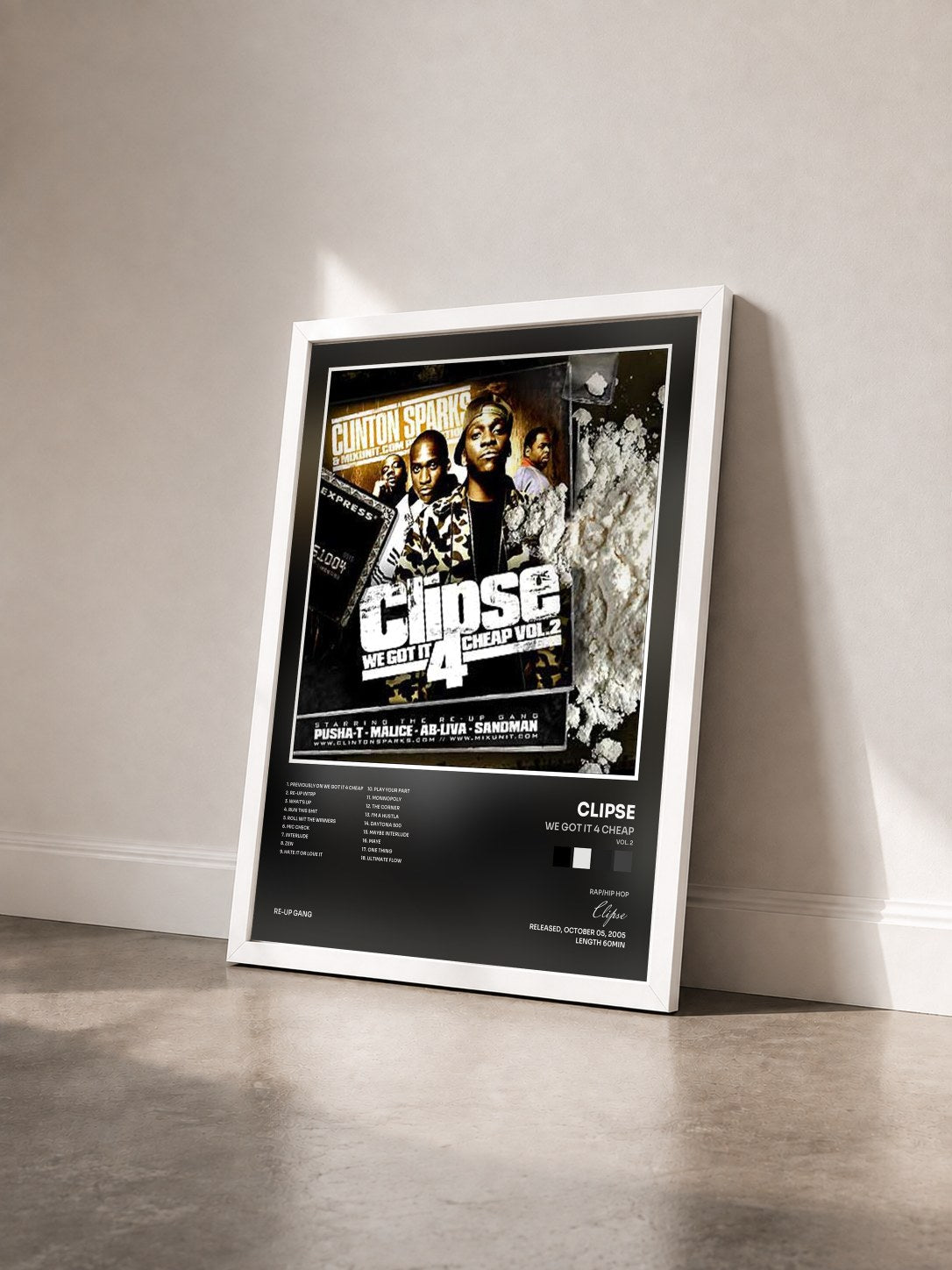 #blanc Tableau de l'album We Got It 4 Cheap (Vol. 2) de Clipse vu de trois quarts, cadre blanc