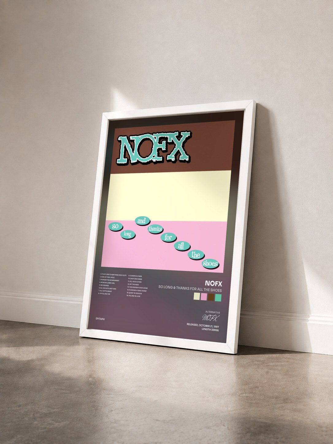 #blanc Tableau de l'album So Long & Thanks For All The Shoes de NOFX vu de trois quarts, cadre blanc