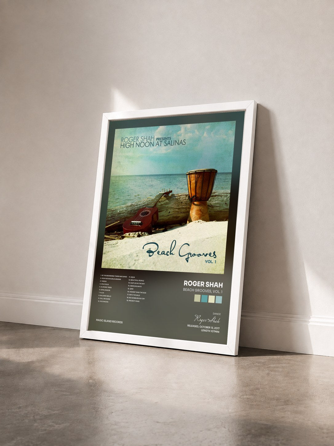 #blanc Tableau de l'album Beach Grooves, Vol. 1 de Roger Shah vu de trois quarts, cadre blanc