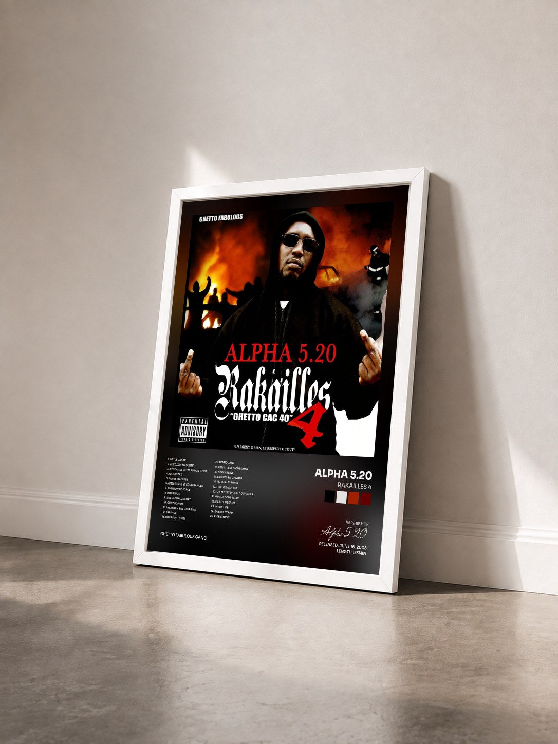 #blanc Tableau de l'album Rakailles 4 de Alpha 5.20 vu de trois quarts, cadre blanc