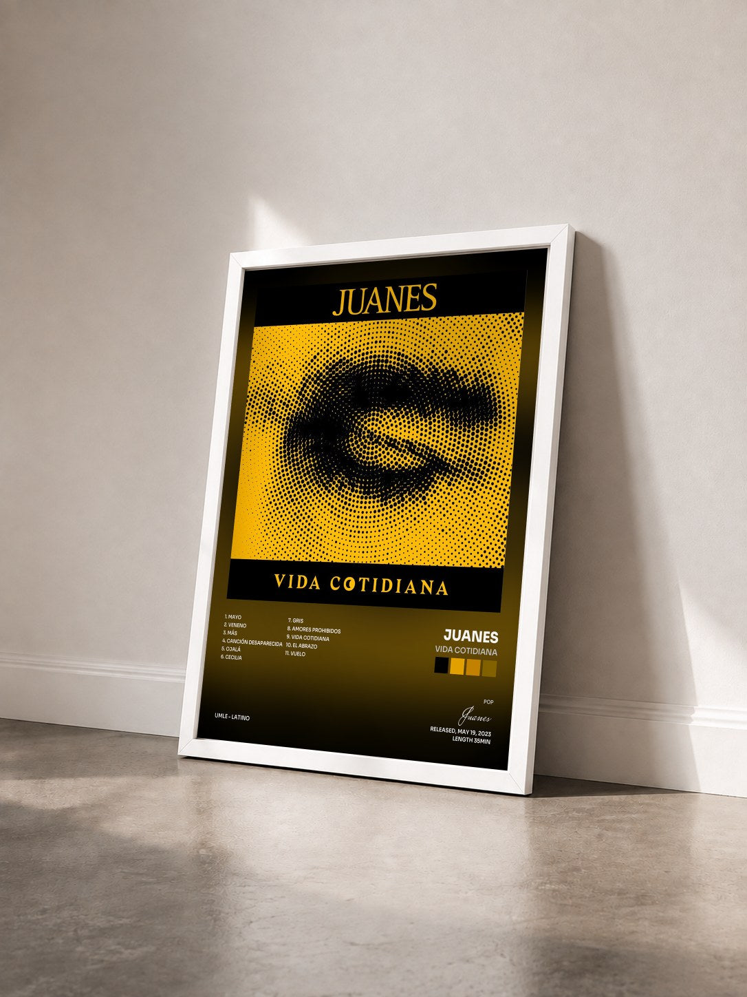 #blanc Tableau de l'album Vida Cotidiana de Juanes vu de trois quarts, cadre blanc