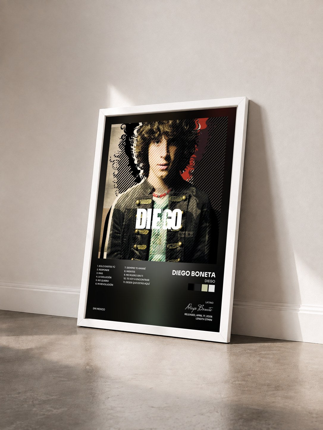 #blanc Tableau de l'album Diego de Diego Boneta vu de trois quarts, cadre blanc