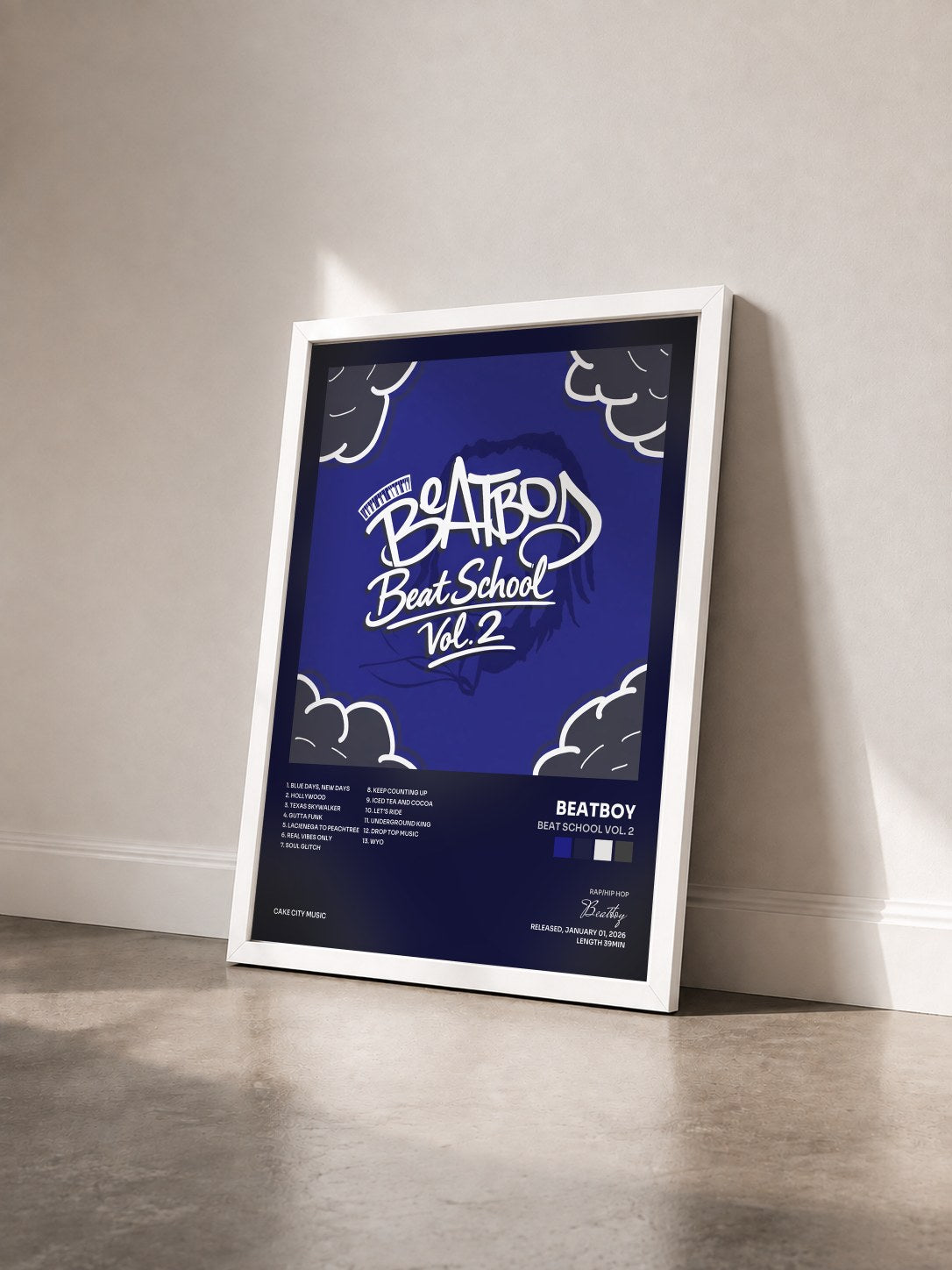 #blanc Tableau de l'album Beat School Vol. 2 de Beatboy vu de trois quarts, cadre blanc