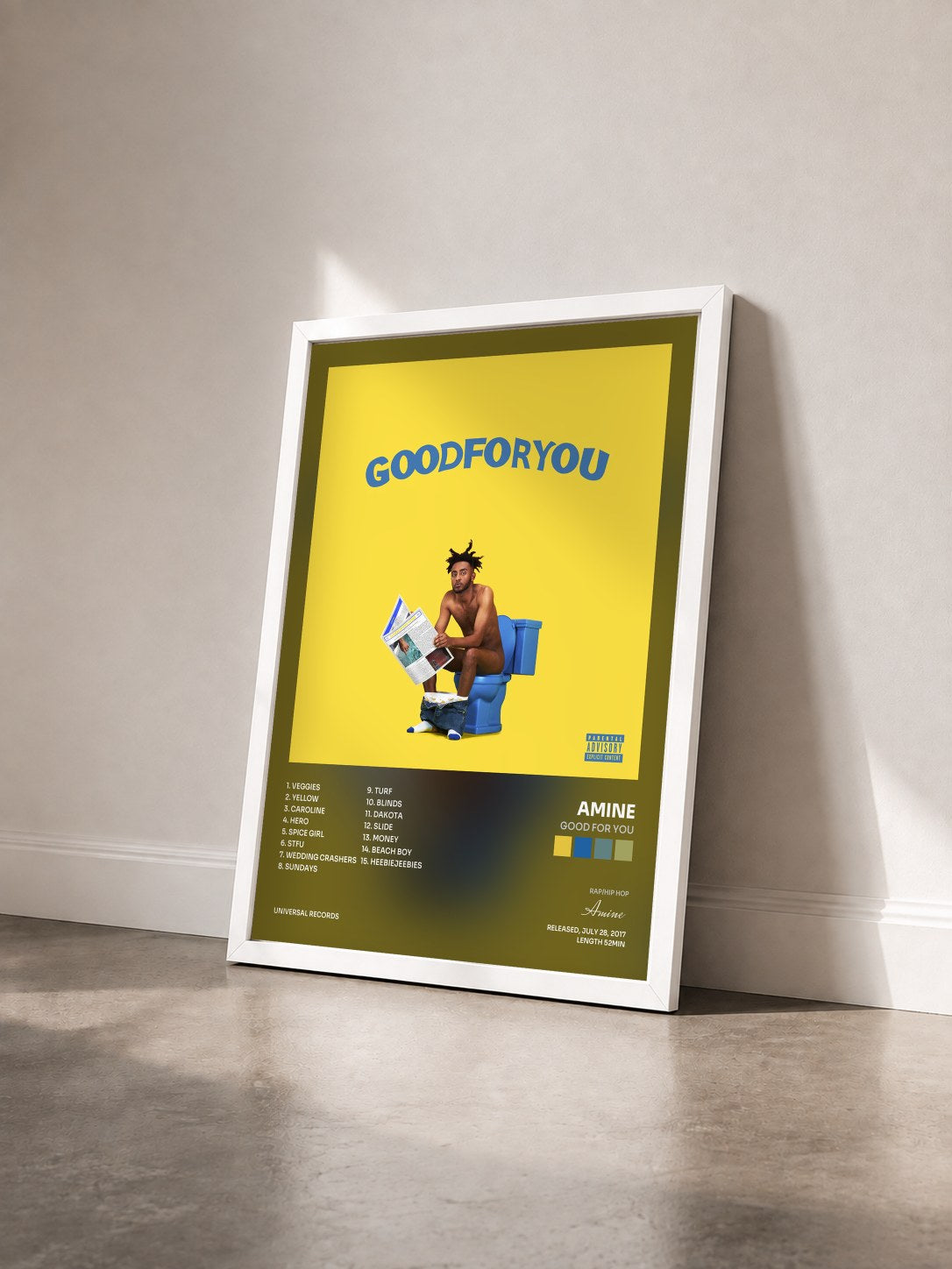 #blanc Tableau de l'album Good For You de Amine vu de trois quarts, cadre blanc
