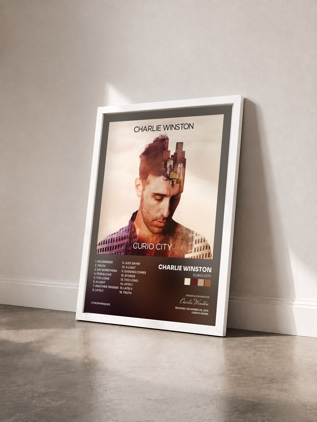 #blanc Tableau de l'album Curio City de Charlie Winston vu de trois quarts, cadre blanc