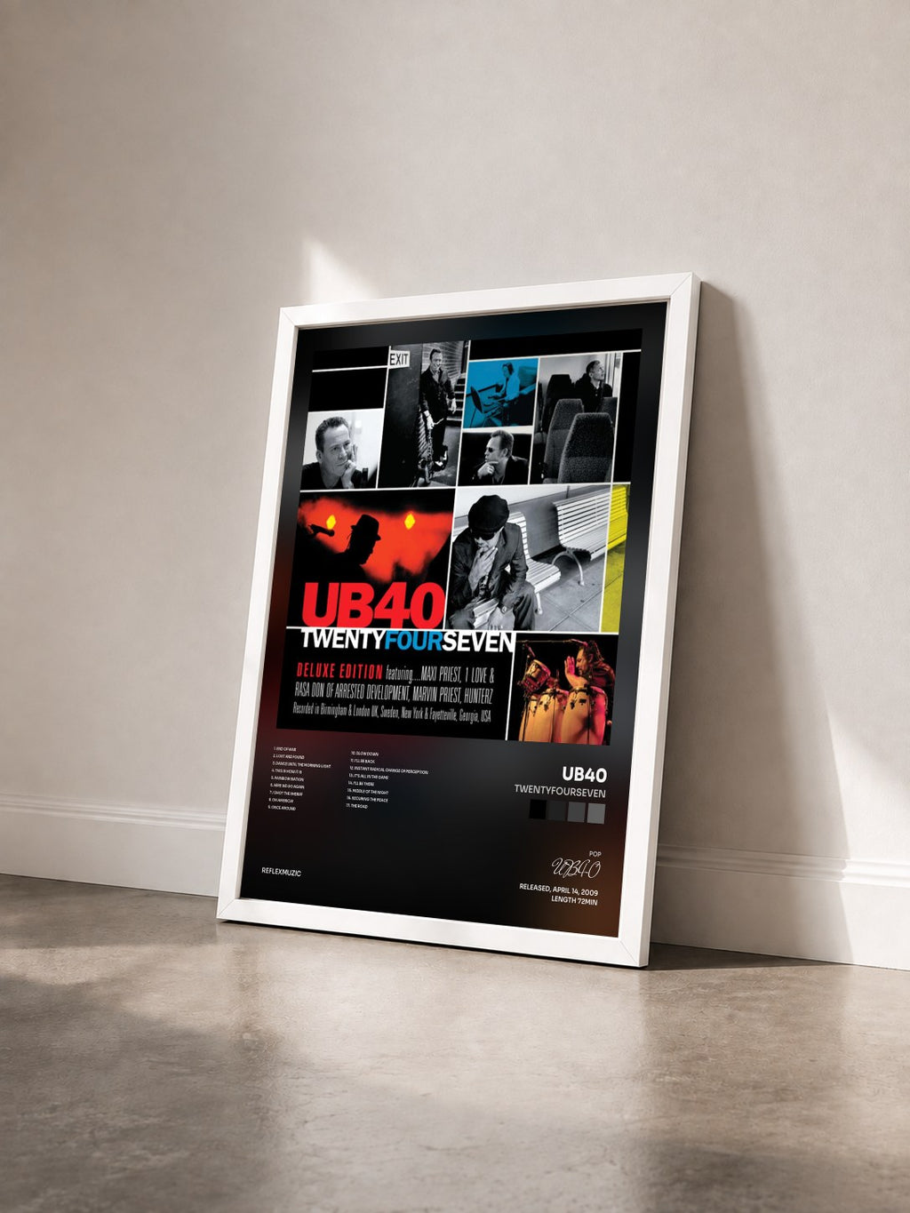 #blanc Tableau de l'album TwentyFourSeven de UB40 vu de trois quarts, cadre blanc