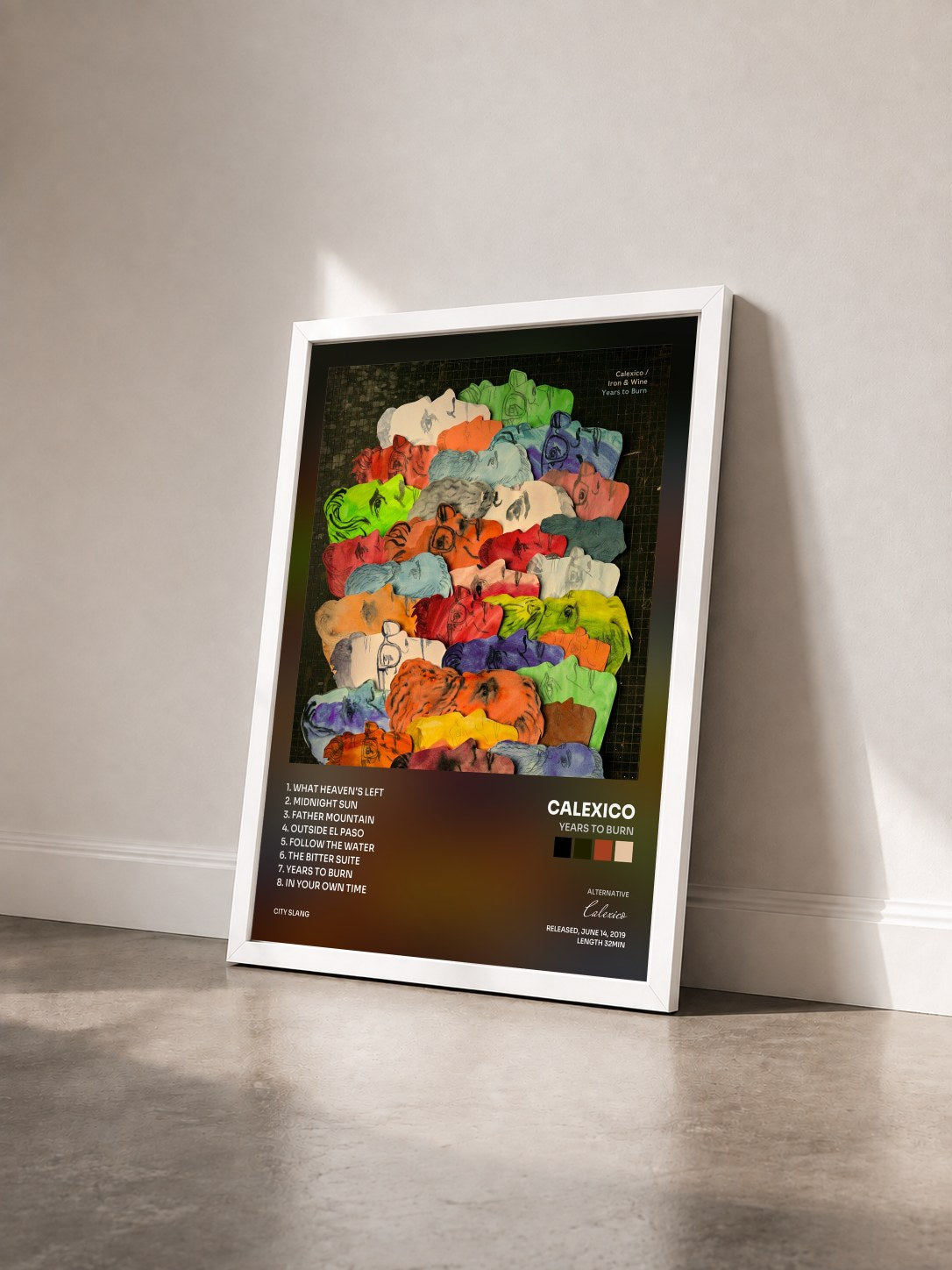 #blanc Tableau de l'album Years to Burn de Calexico vu de trois quarts, cadre blanc
