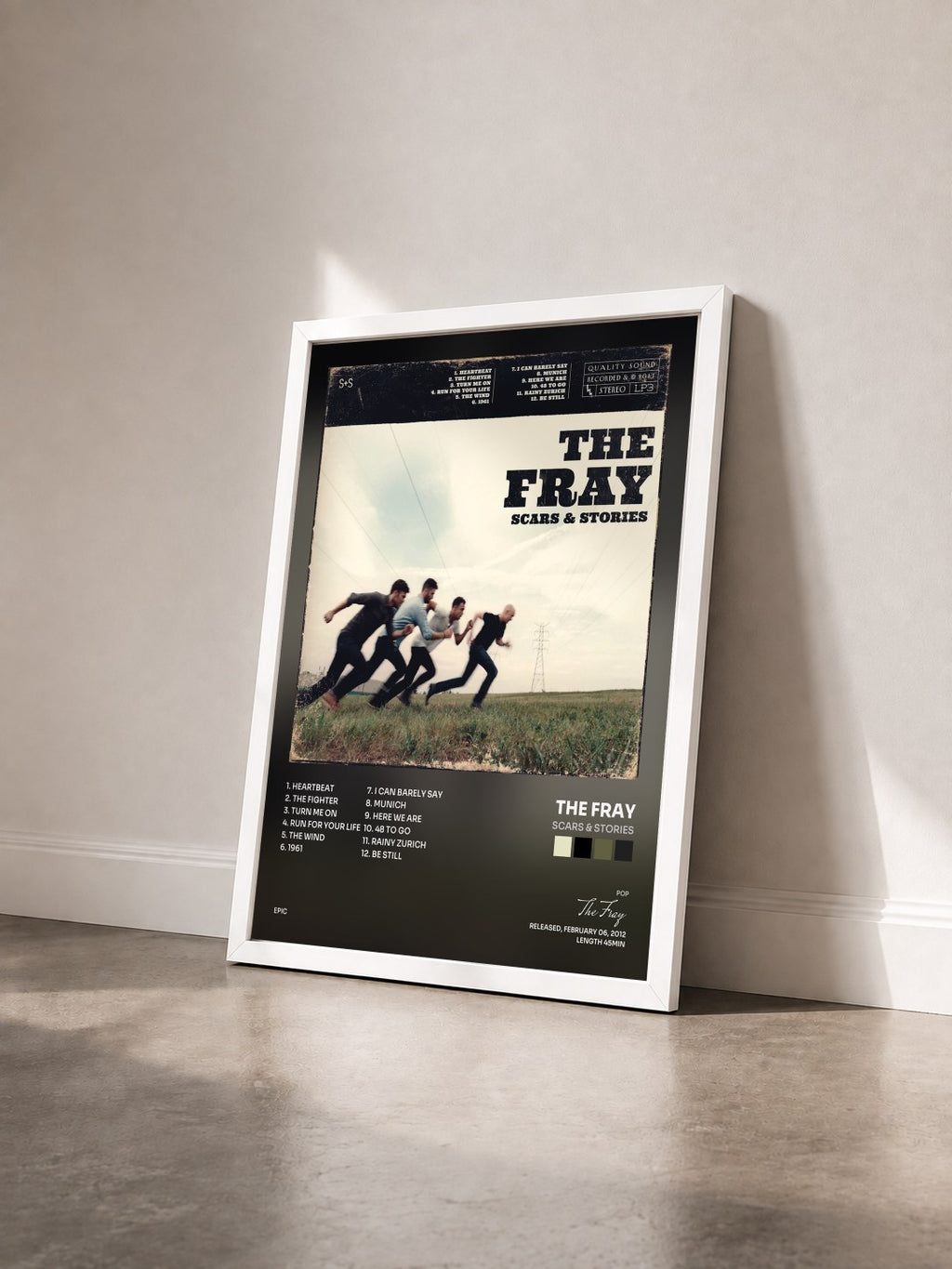#blanc Tableau de l'album Scars & Stories de The Fray vu de trois quarts, cadre blanc
