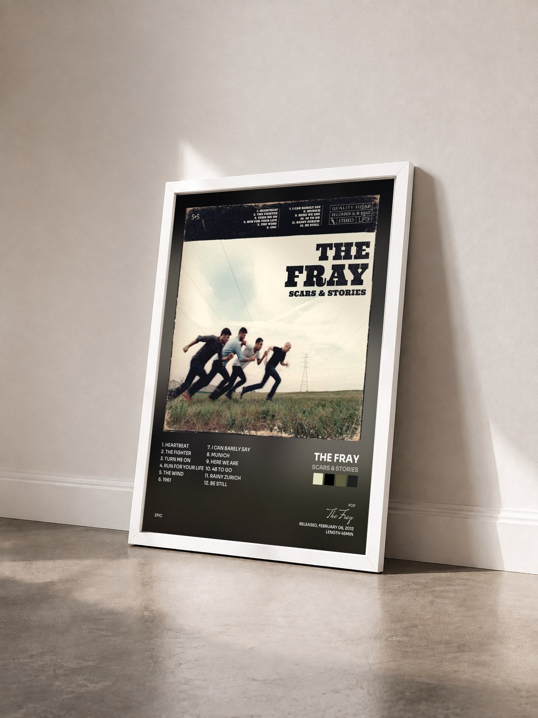 #blanc Tableau de l'album Scars & Stories de The Fray vu de trois quarts, cadre blanc