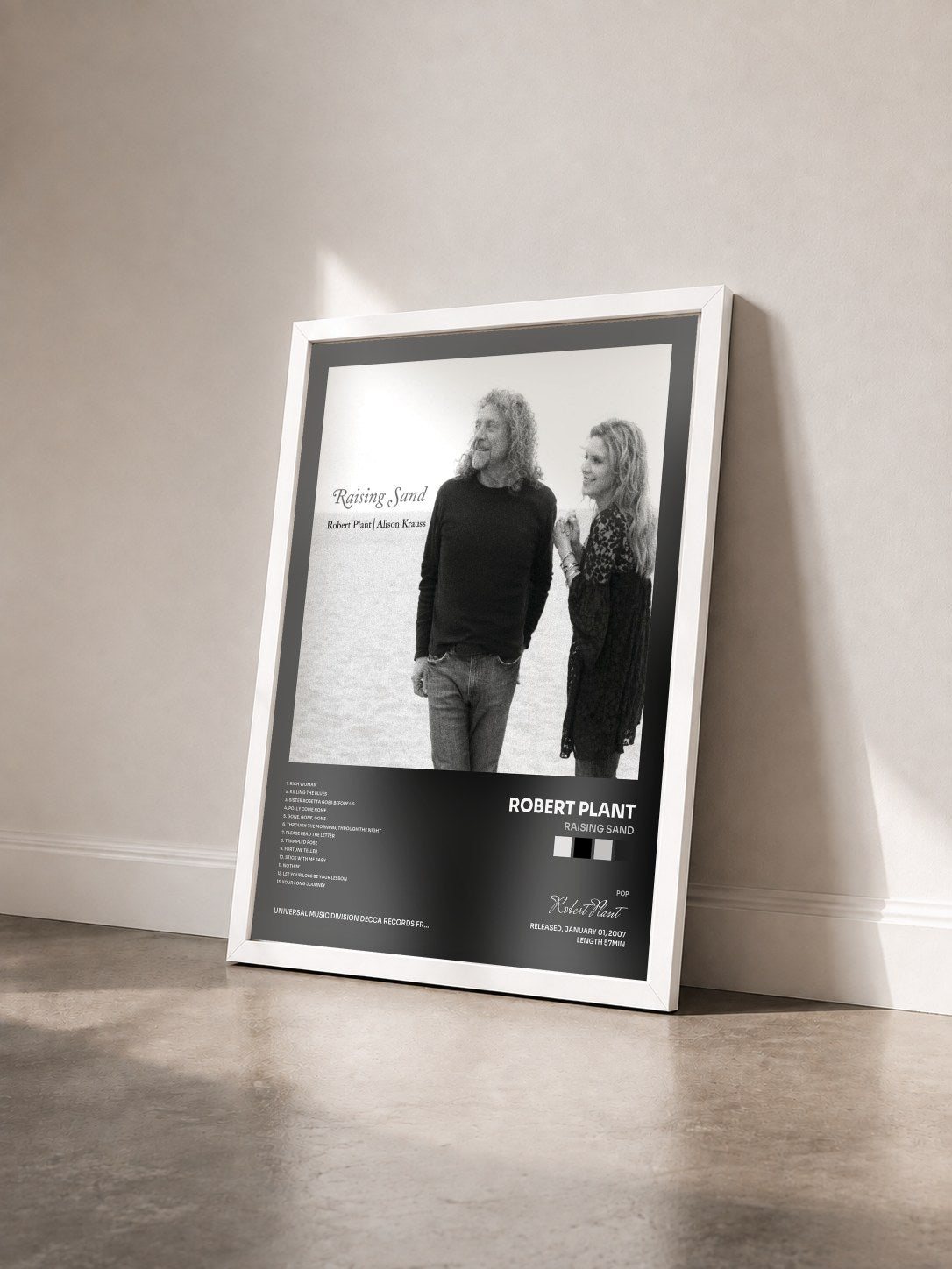 #blanc Tableau de l'album Raising Sand de Robert Plant vu de trois quarts, cadre blanc
