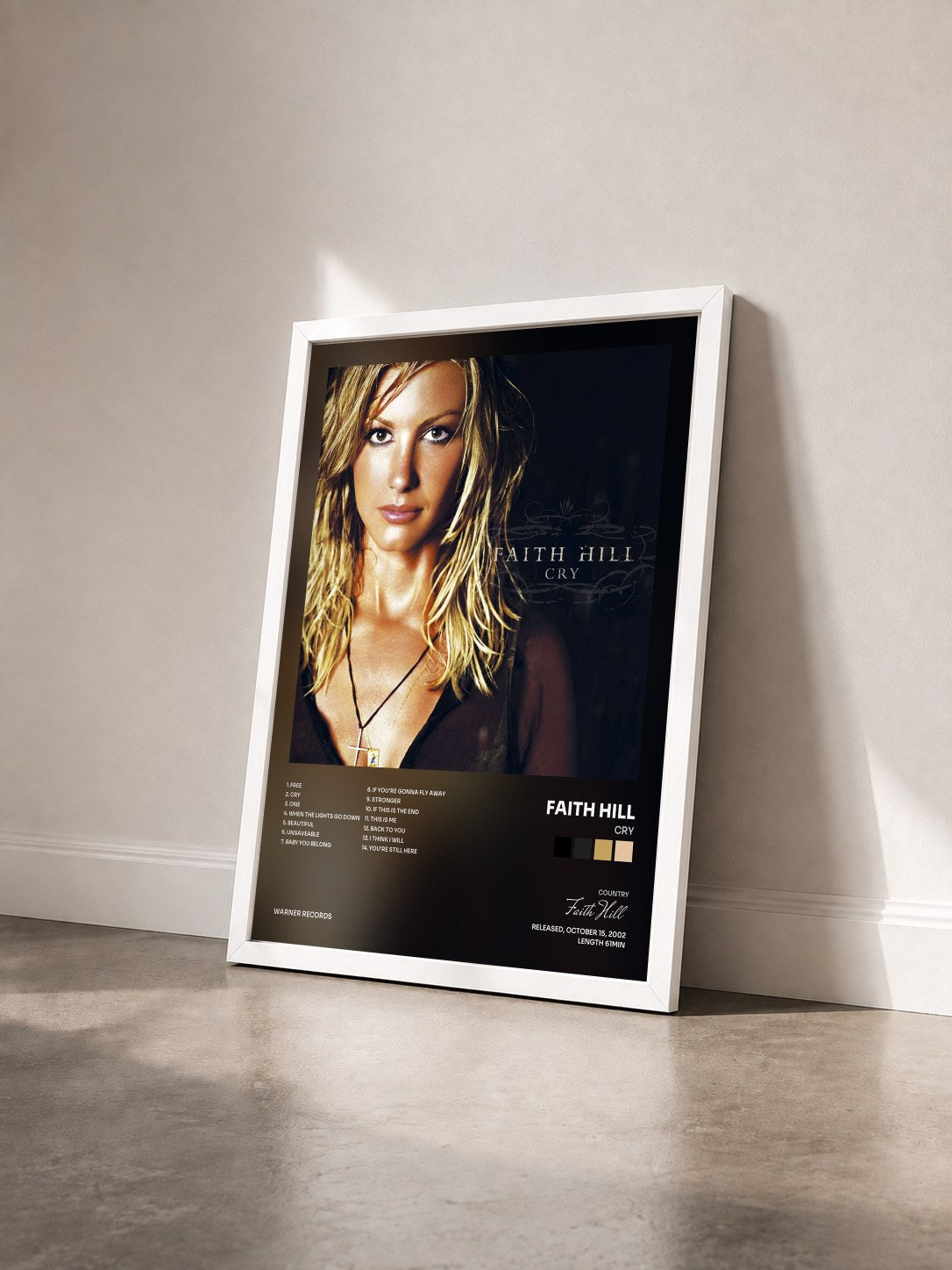 #blanc Tableau de l'album Cry de Faith Hill vu de trois quarts, cadre blanc