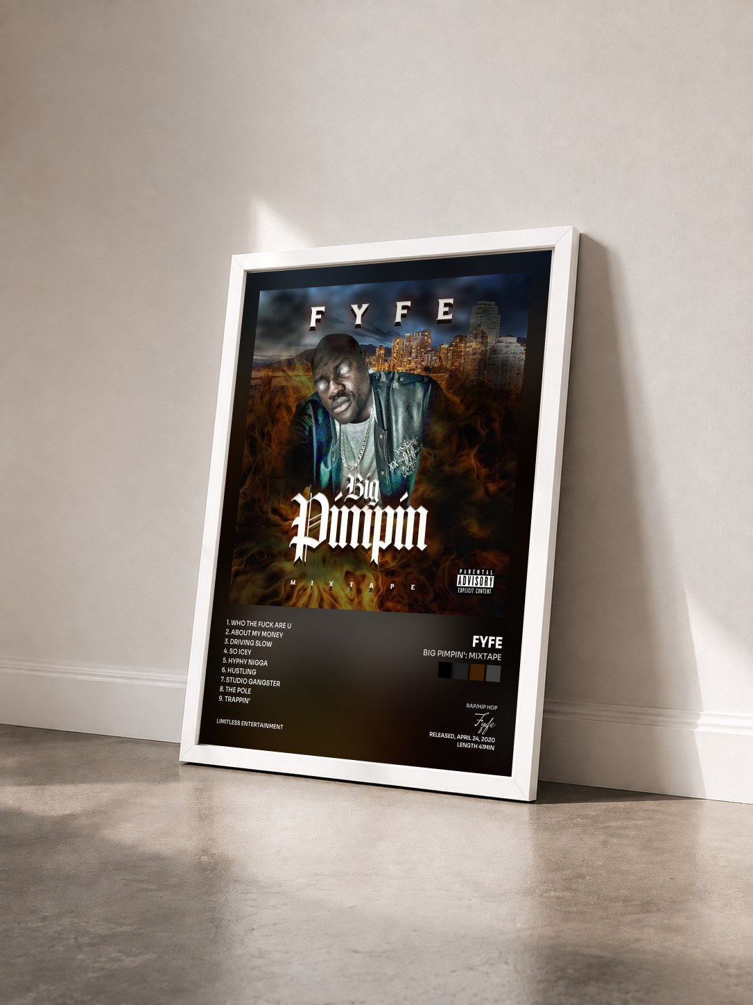 #blanc Tableau de l'album Big Pimpin': Mixtape de Fyfe vu de trois quarts, cadre blanc