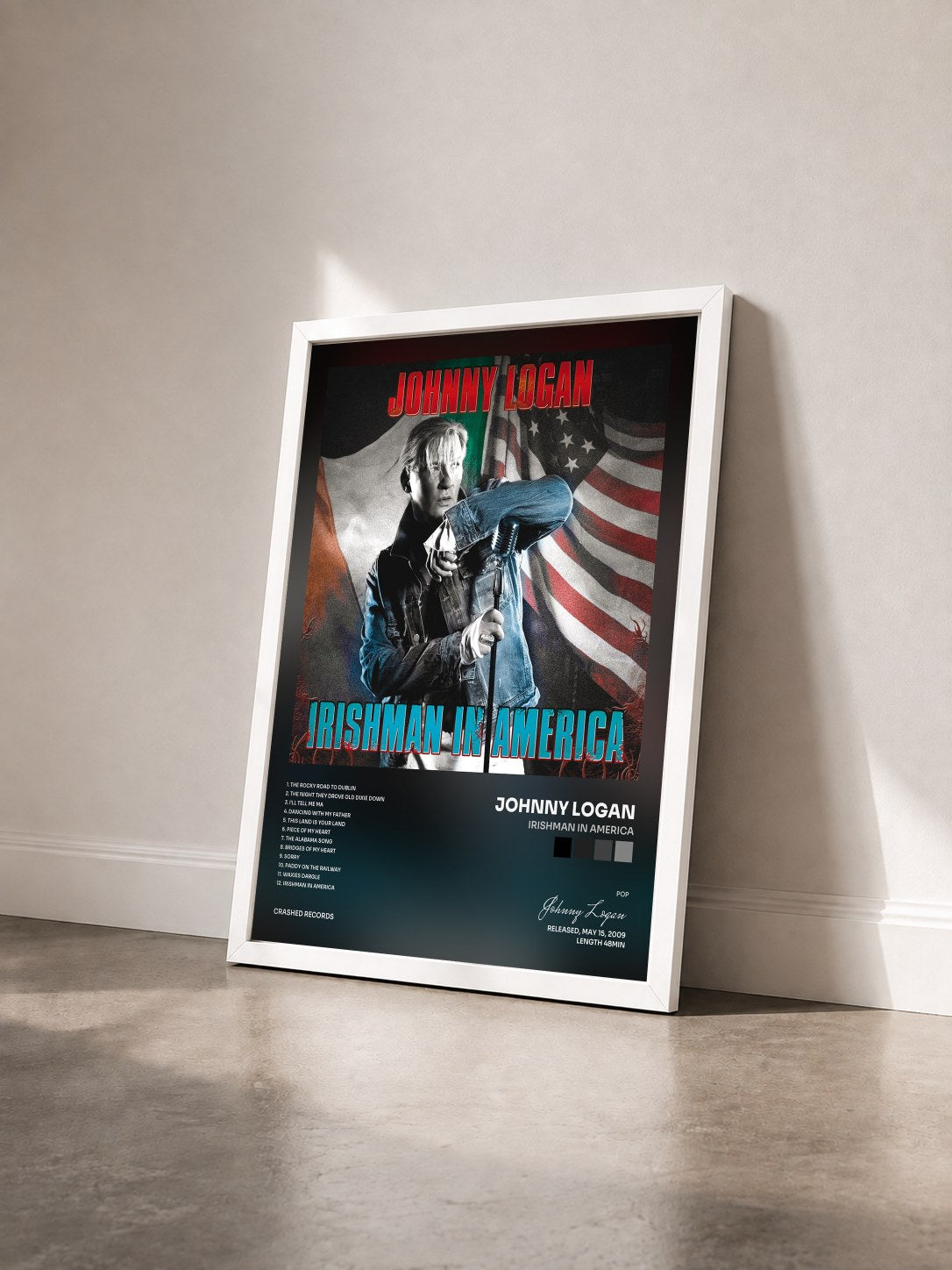 #blanc Tableau de l'album Irishman in America de Johnny Logan vu de trois quarts, cadre blanc