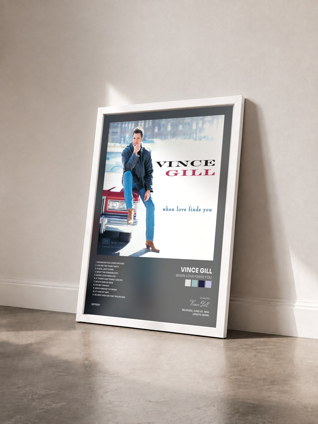 #blanc Tableau de l'album When Love Finds You de Vince Gill vu de trois quarts, cadre blanc