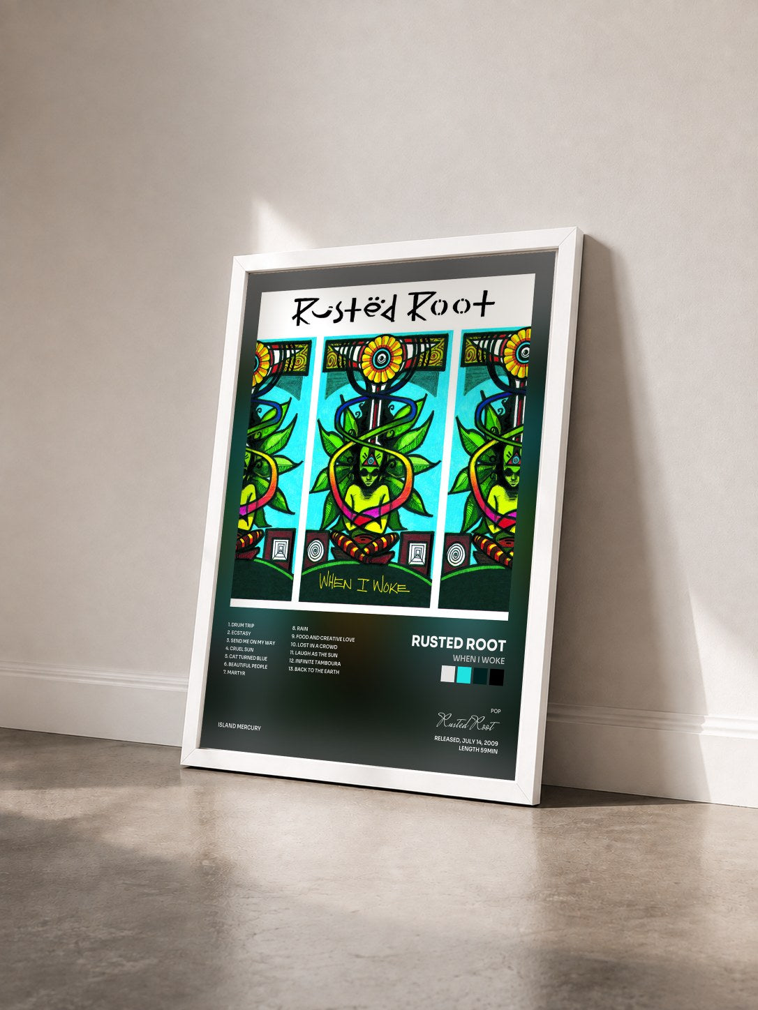 #blanc Tableau de l'album When I Woke de Rusted Root vu de trois quarts, cadre blanc