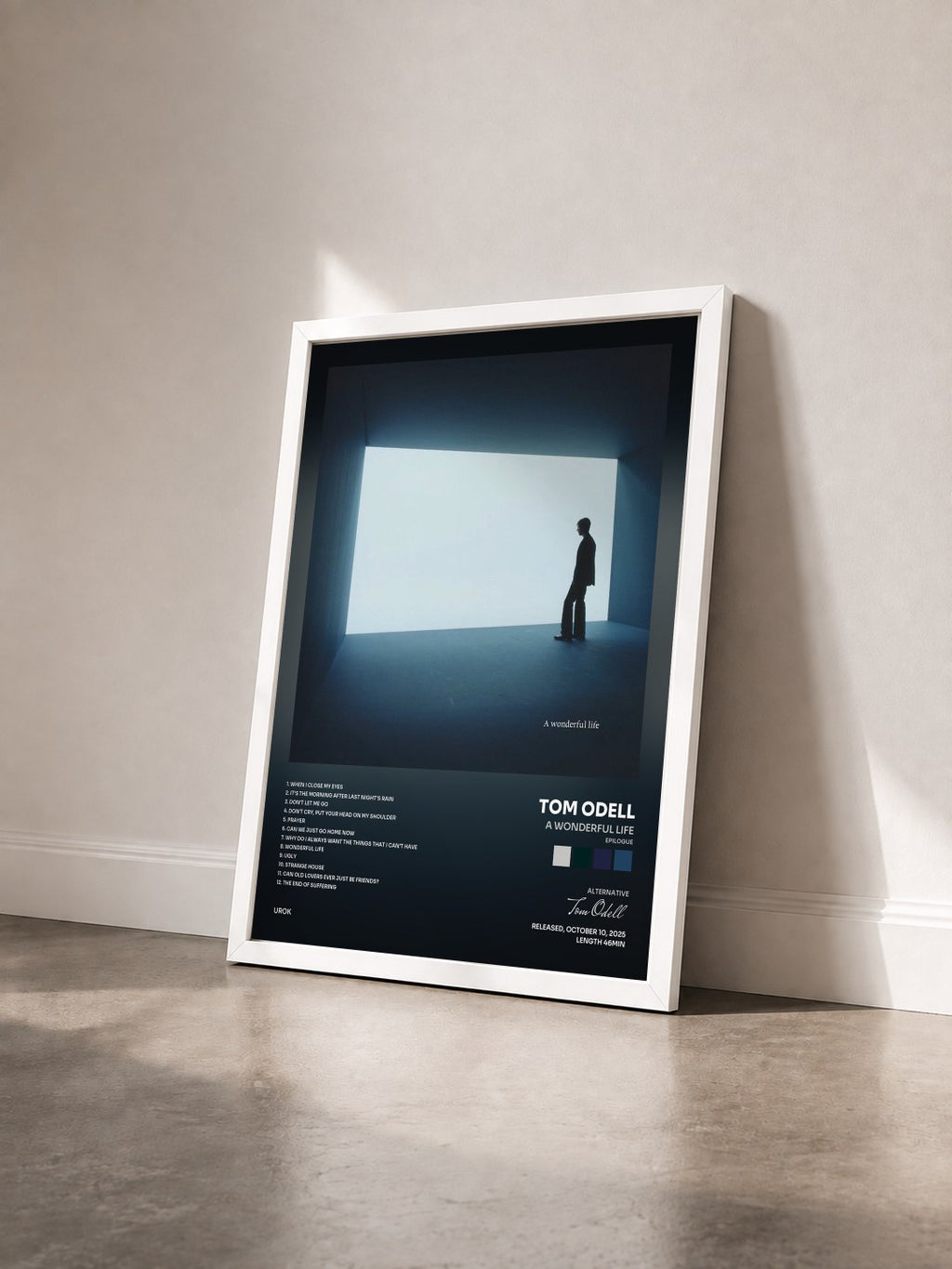 #blanc Tableau de l'album A Wonderful Life (Epilogue) de Tom Odell vu de trois quarts, cadre blanc