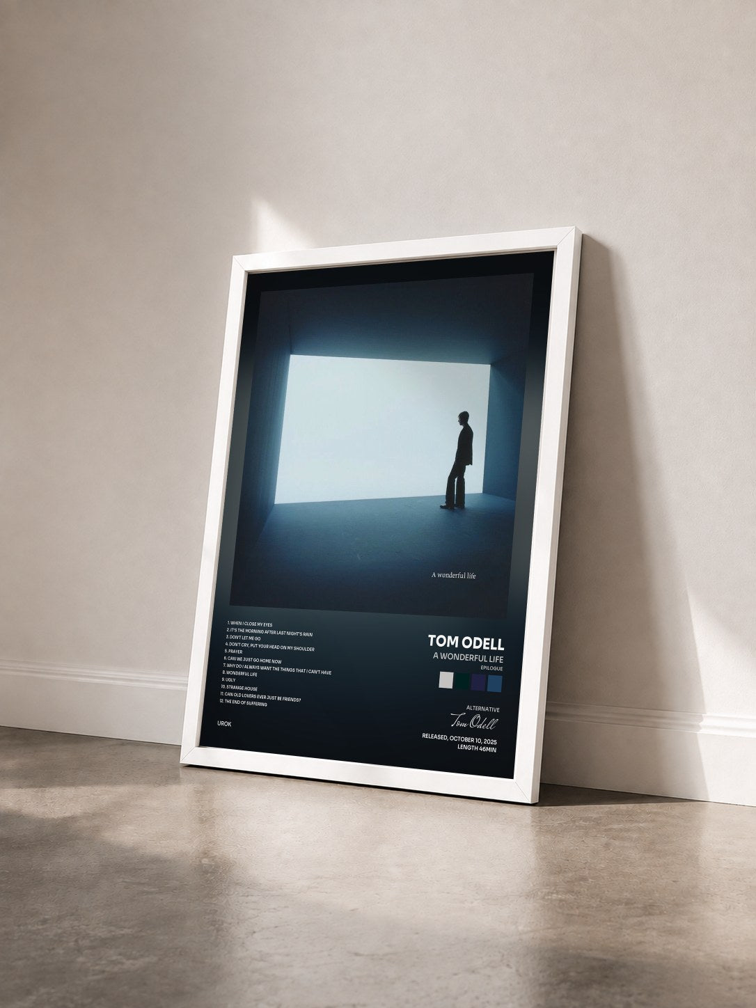 #blanc Tableau de l'album A Wonderful Life (Epilogue) de Tom Odell vu de trois quarts, cadre blanc
