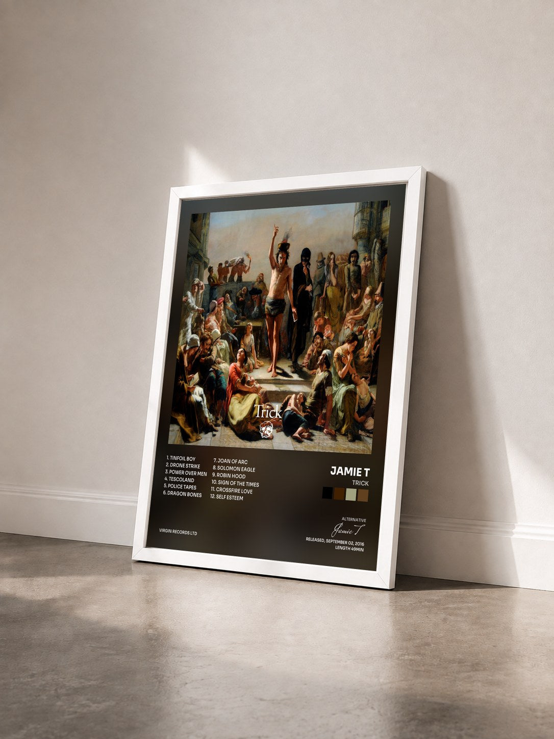 #blanc Tableau de l'album Trick de Jamie T vu de trois quarts, cadre blanc