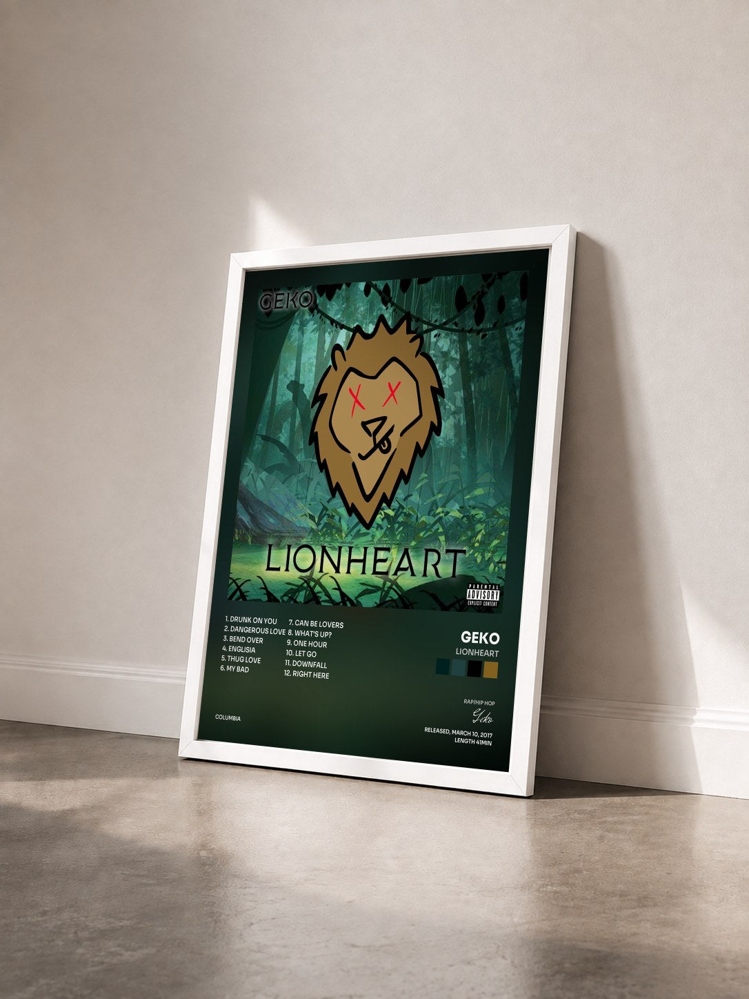 #blanc Tableau de l'album LionHeart de Geko vu de trois quarts, cadre blanc