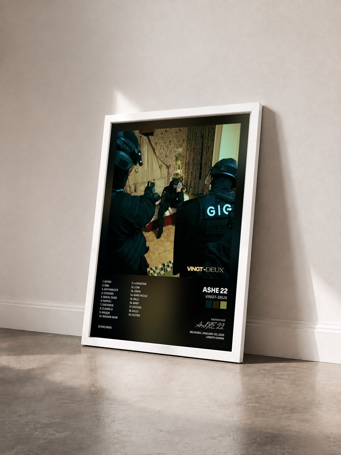 #blanc Tableau de l'album Vingt-deux de ASHE 22 vu de trois quarts, cadre blanc