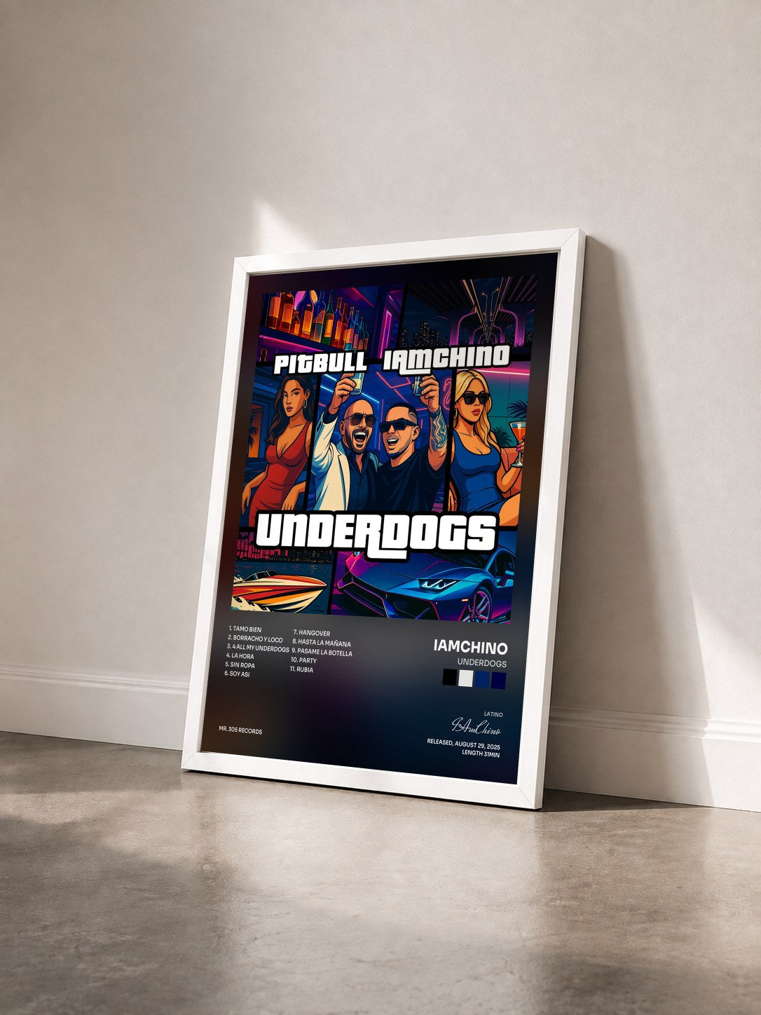 #blanc Tableau de l'album UNDERDOGS de IAmChino vu de trois quarts, cadre blanc