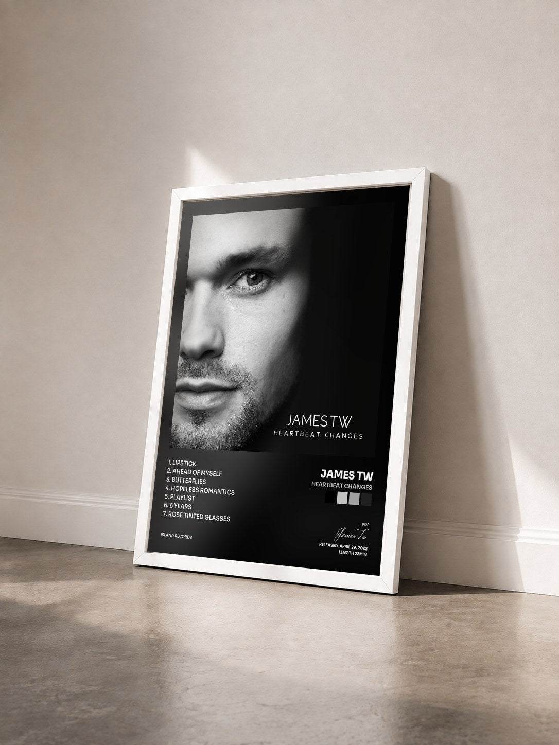#blanc Tableau de l'album Heartbeat Changes de James Tw vu de trois quarts, cadre blanc