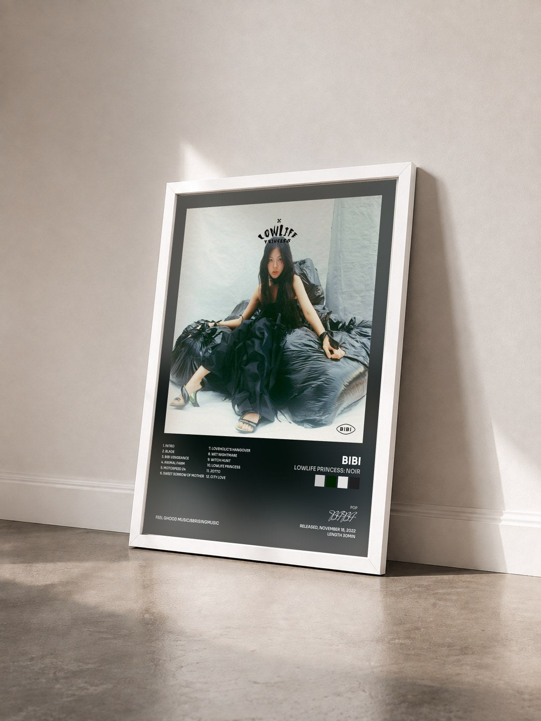 #blanc Tableau de l'album Lowlife Princess: Noir de BIBI vu de trois quarts, cadre blanc