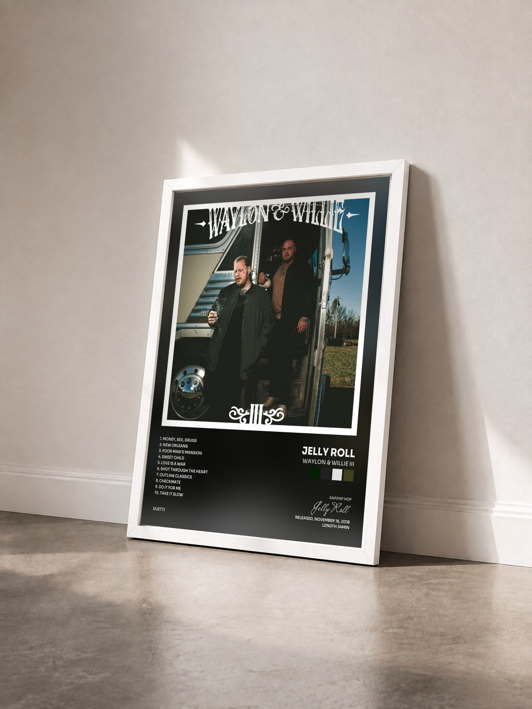 #blanc Tableau de l'album Waylon & Willie III de Jelly Roll vu de trois quarts, cadre blanc