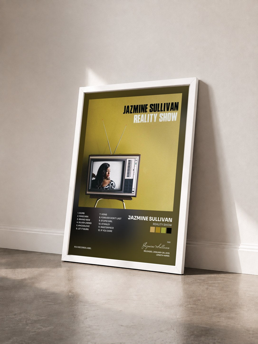 #blanc Tableau de l'album Reality Show de Jazmine Sullivan vu de trois quarts, cadre blanc