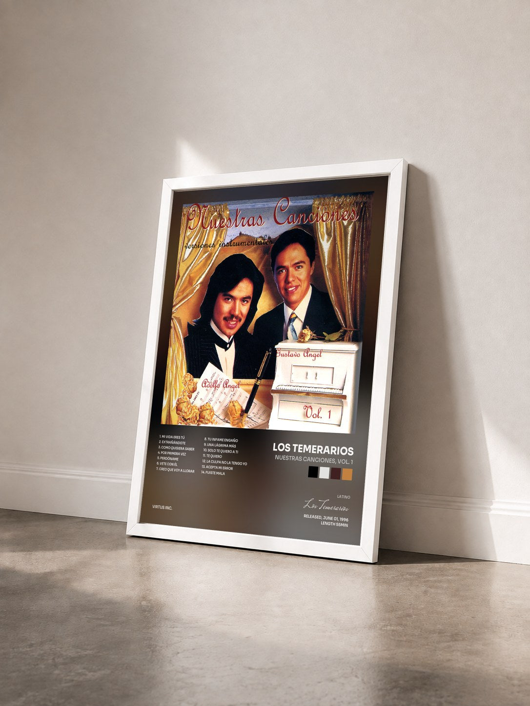 #blanc Tableau de l'album Nuestras Canciones, Vol. 1 de Los Temerarios vu de trois quarts, cadre blanc