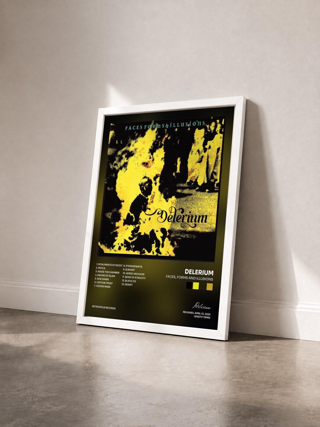 #blanc Tableau de l'album Faces, Forms and Illusions de Delerium vu de trois quarts, cadre blanc