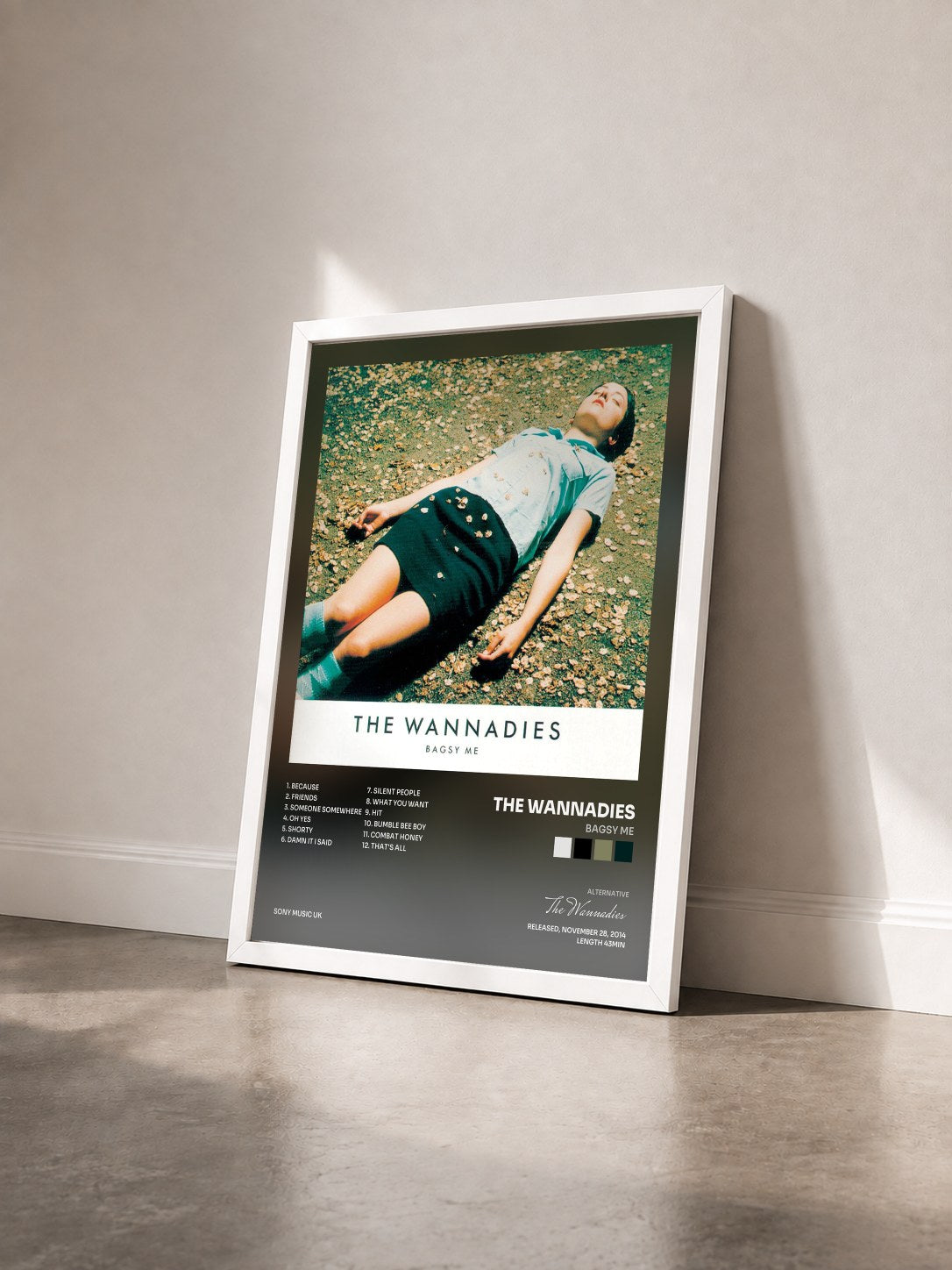 #blanc Tableau de l'album Bagsy Me de The Wannadies vu de trois quarts, cadre blanc
