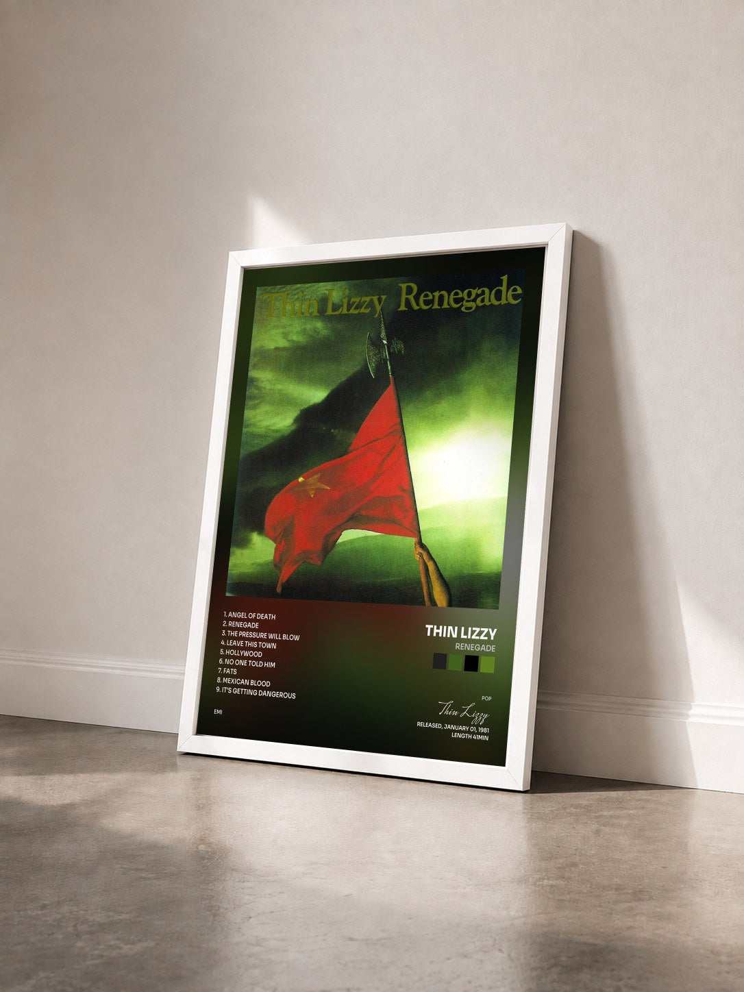 #blanc Tableau de l'album Renegade de Thin Lizzy vu de trois quarts, cadre blanc