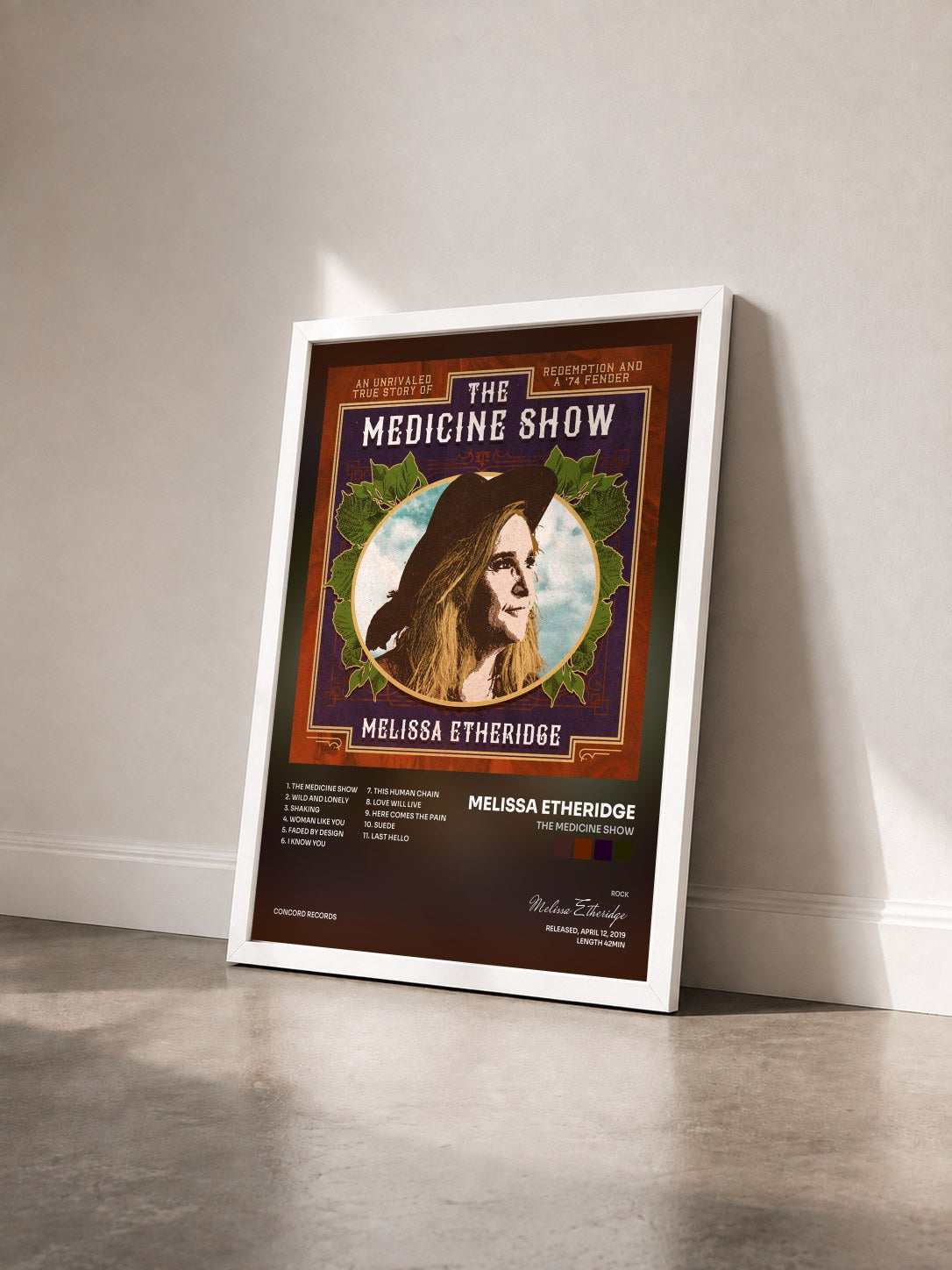 #blanc Tableau de l'album The Medicine Show de Melissa Etheridge vu de trois quarts, cadre blanc