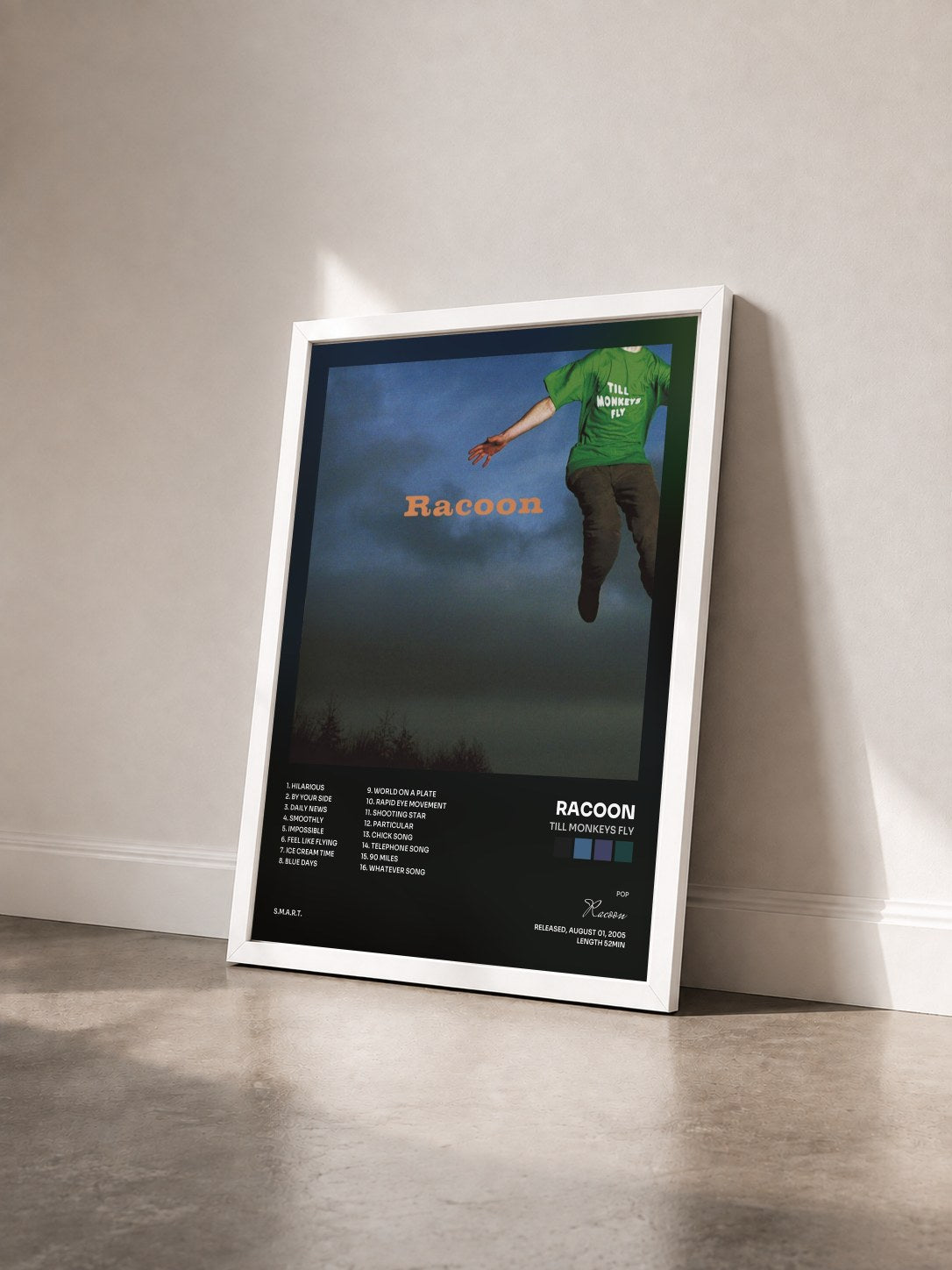 #blanc Tableau de l'album Till Monkeys Fly de Racoon vu de trois quarts, cadre blanc