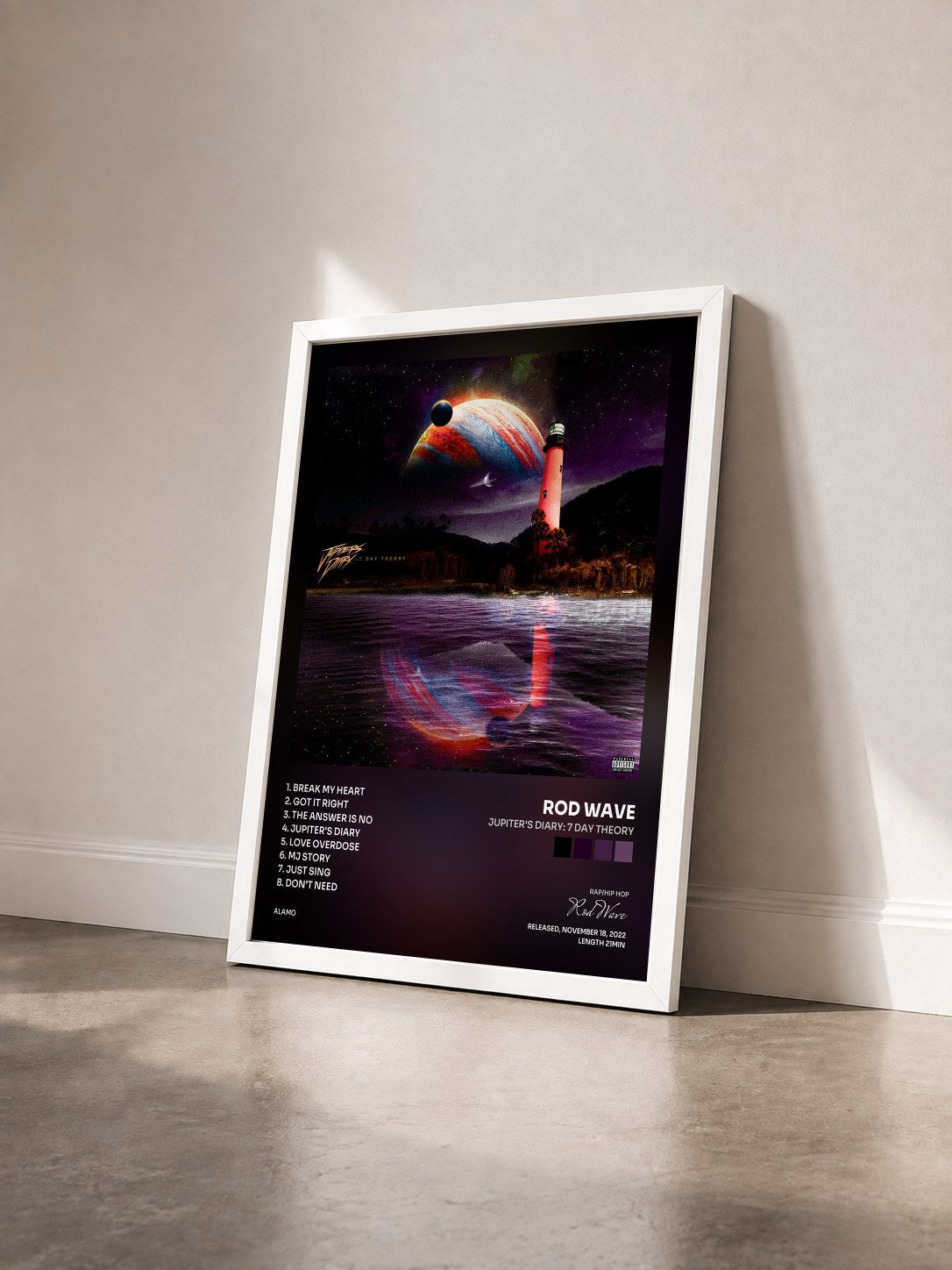 #blanc Tableau de l'album Jupiter's Diary: 7 Day Theory de Rod Wave vu de trois quarts, cadre blanc