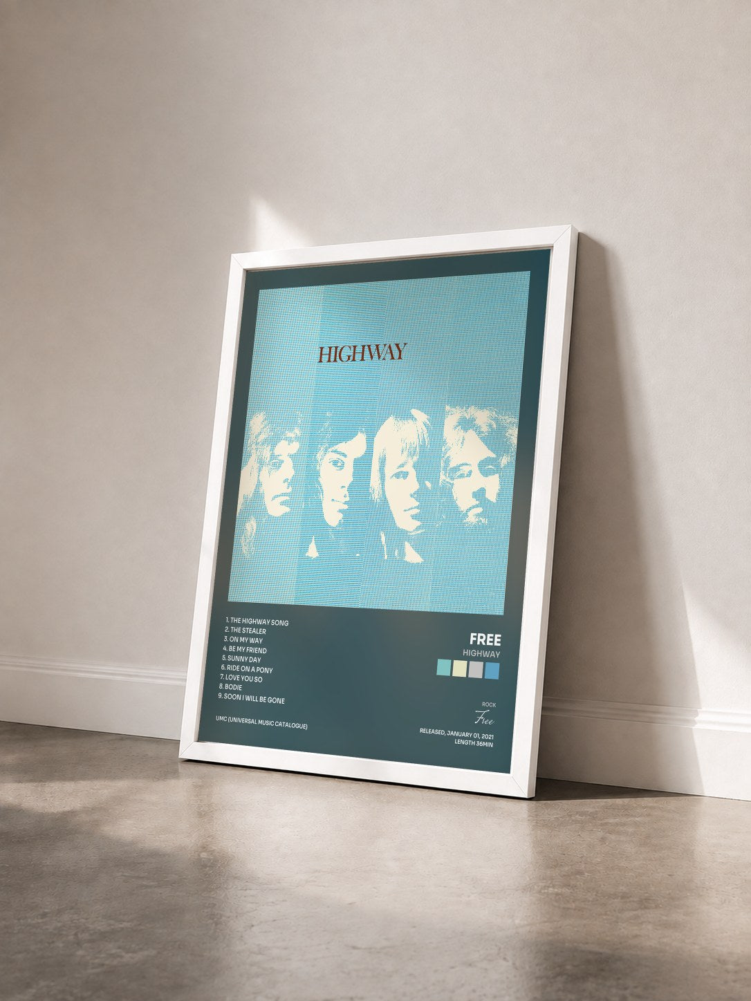 #blanc Tableau de l'album Highway de Free vu de trois quarts, cadre blanc