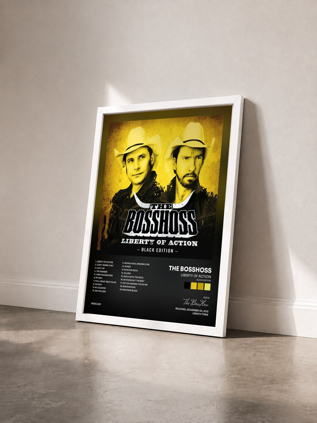 #blanc Tableau de l'album Liberty Of Action (Black Edition) de The BossHoss vu de trois quarts, cadre blanc