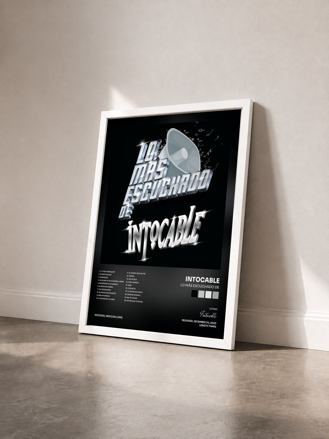 #blanc Tableau de l'album Lo Más Escuchado De de Intocable vu de trois quarts, cadre blanc