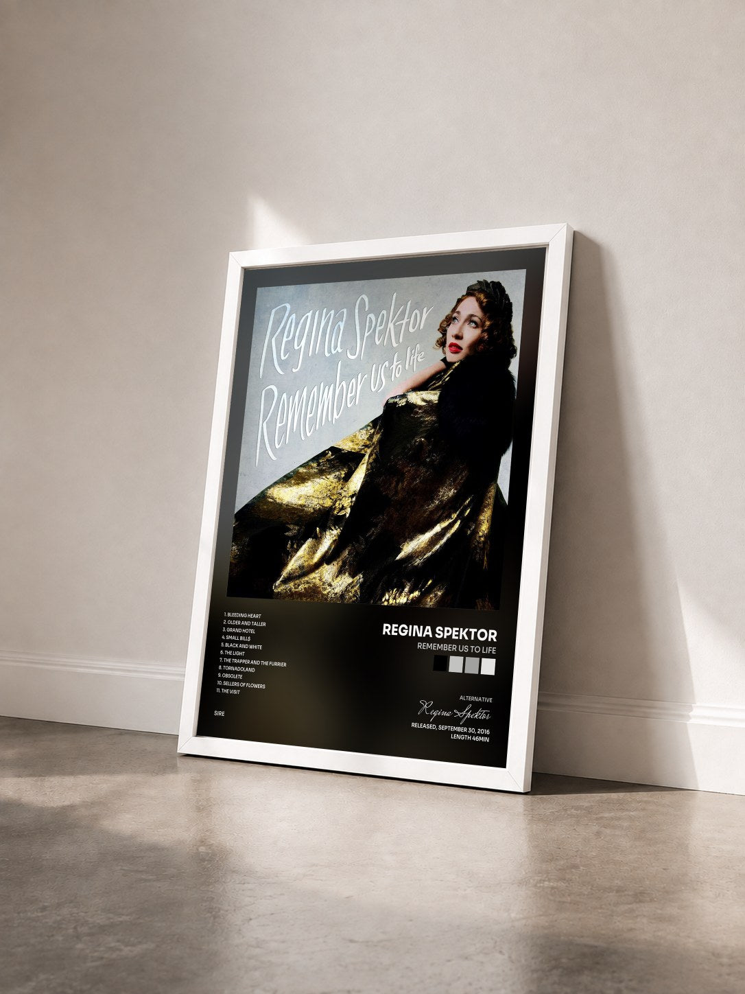 #blanc Tableau de l'album Remember Us to Life de Regina Spektor vu de trois quarts, cadre blanc