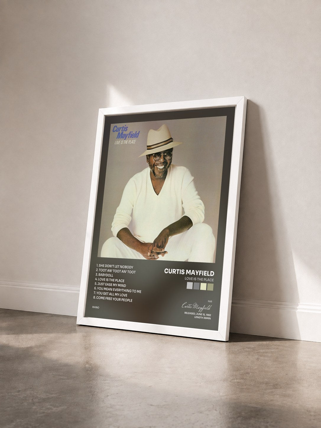 #blanc Tableau de l'album Love Is the Place de Curtis Mayfield vu de trois quarts, cadre blanc