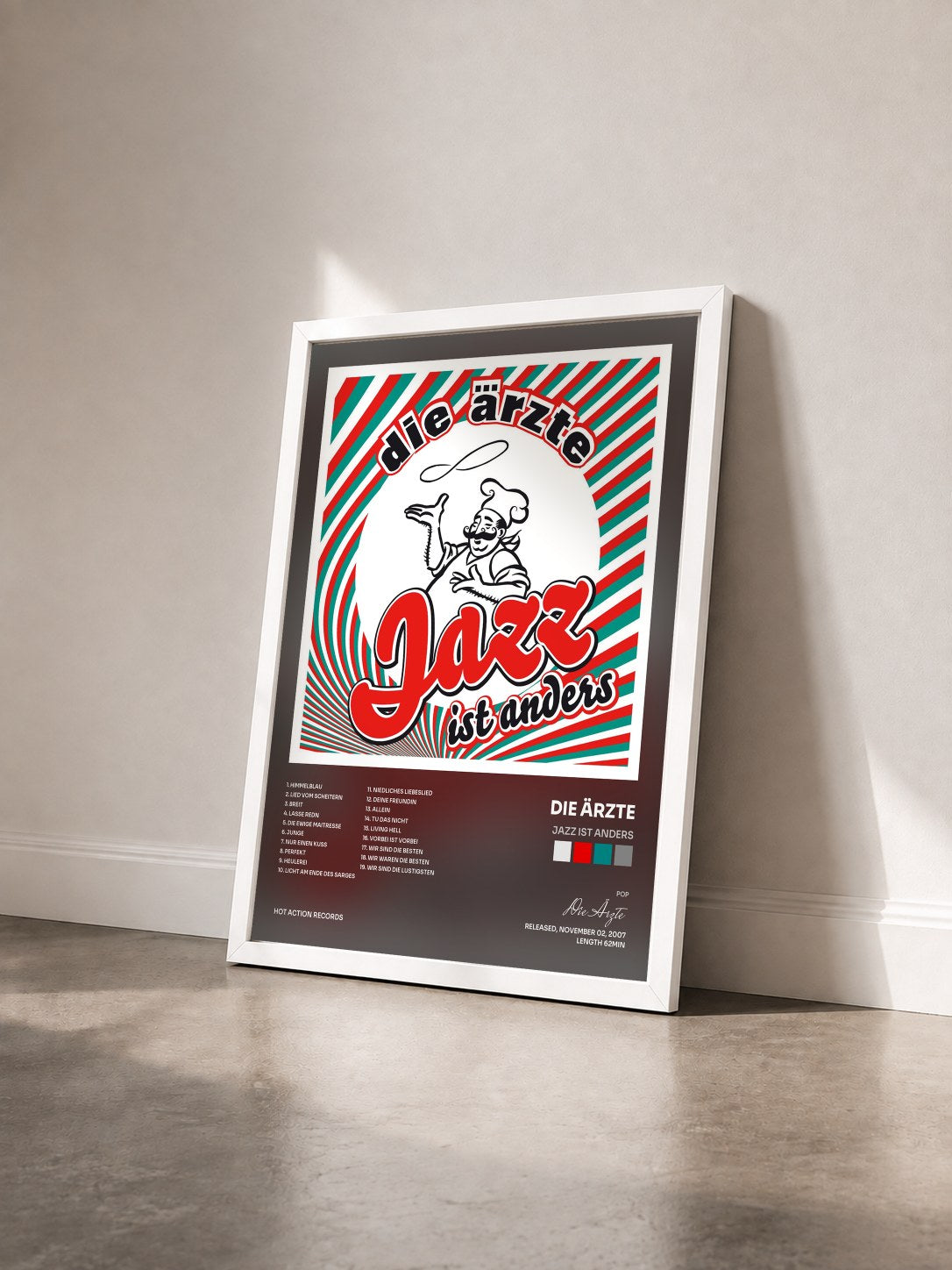 #blanc Tableau de l'album Jazz ist anders de Die Ärzte vu de trois quarts, cadre blanc
