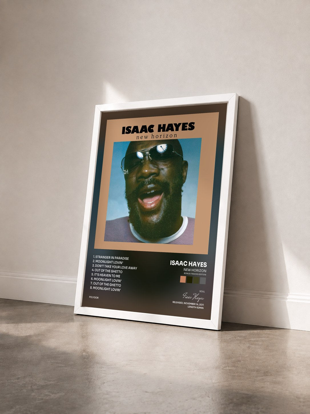 #blanc Tableau de l'album New Horizon (Bonus Tracks Edition) de Isaac Hayes vu de trois quarts, cadre blanc