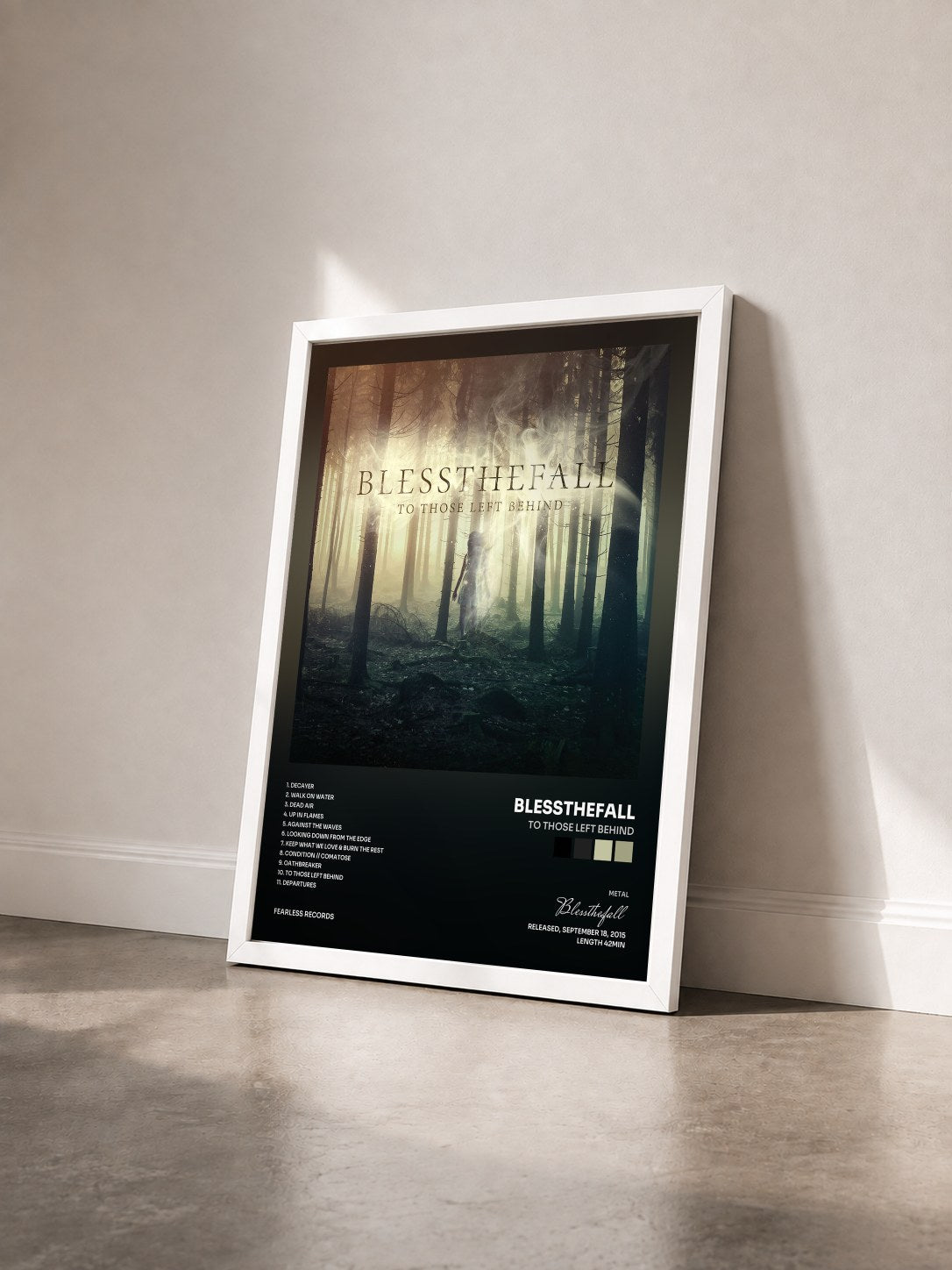 #blanc Tableau de l'album To Those Left Behind de Blessthefall vu de trois quarts, cadre blanc